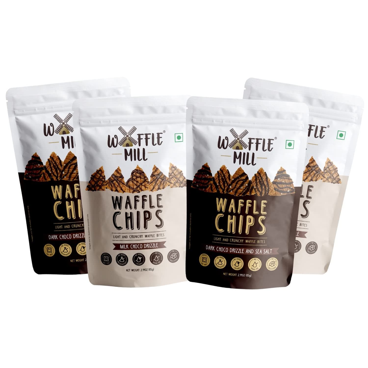 Waffle Chips - Combo Pack - Dark Choco Drizzle + Milk Choco Drizzle - Pack of 4 (2+2) - 340Gm