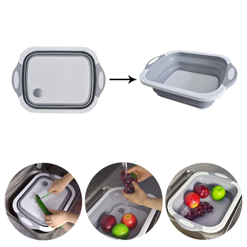 3-in-1 Cutting Boardm,Chopping Board,Multifunction Over-The-Sink Cutting Board with Removable Collapsible Colander, with Dish Tub Colander Fruits Vegetables Wash and Drain Sink Storage Basket