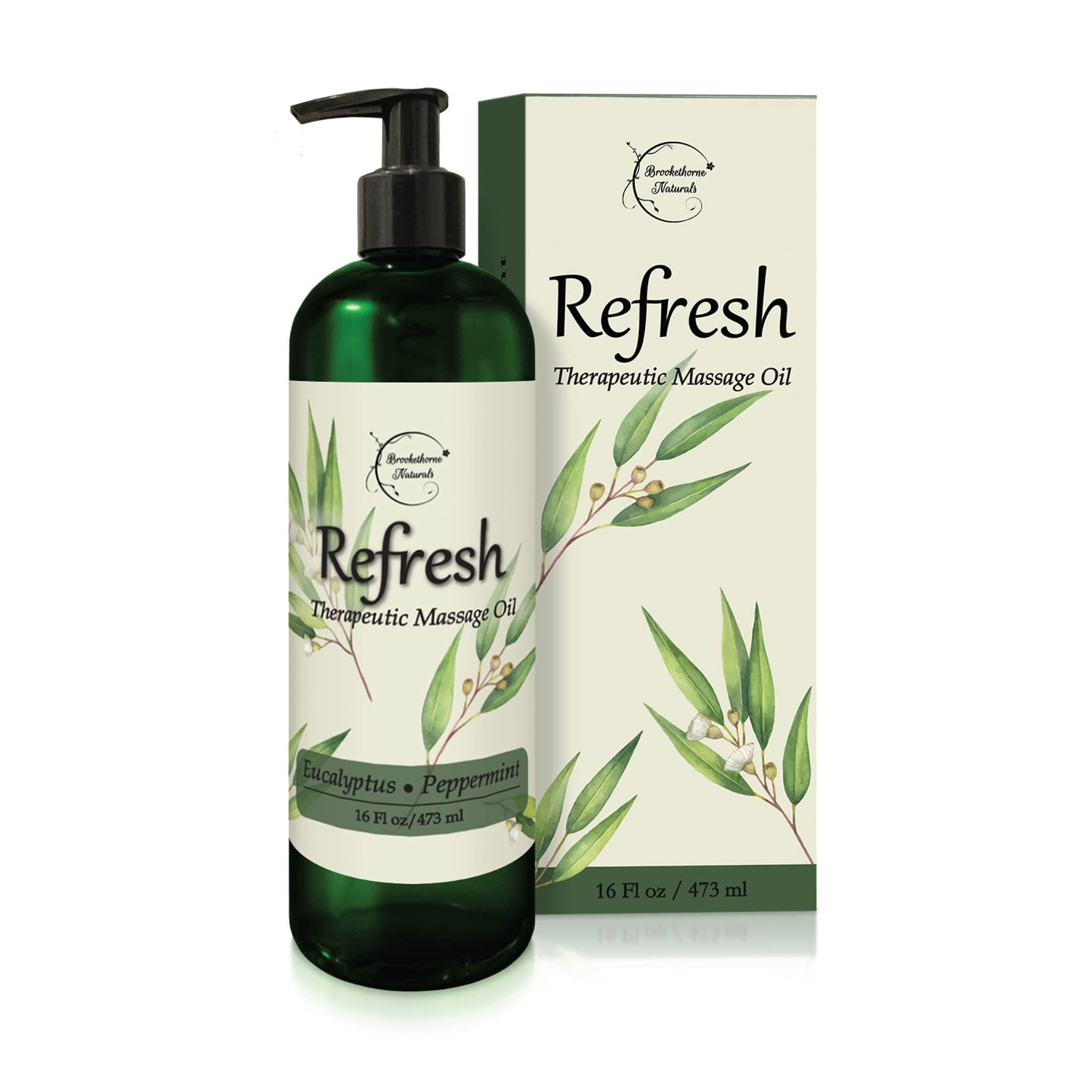 Brookethorne Naturals Refresh Massage Oil with Eucalyptus & Peppermint Essential Oils - Great for Massage Therapy. All Massage Oil for Sore Muscles. Ideal for Full Body Massage – Nut Free Formula 16oz