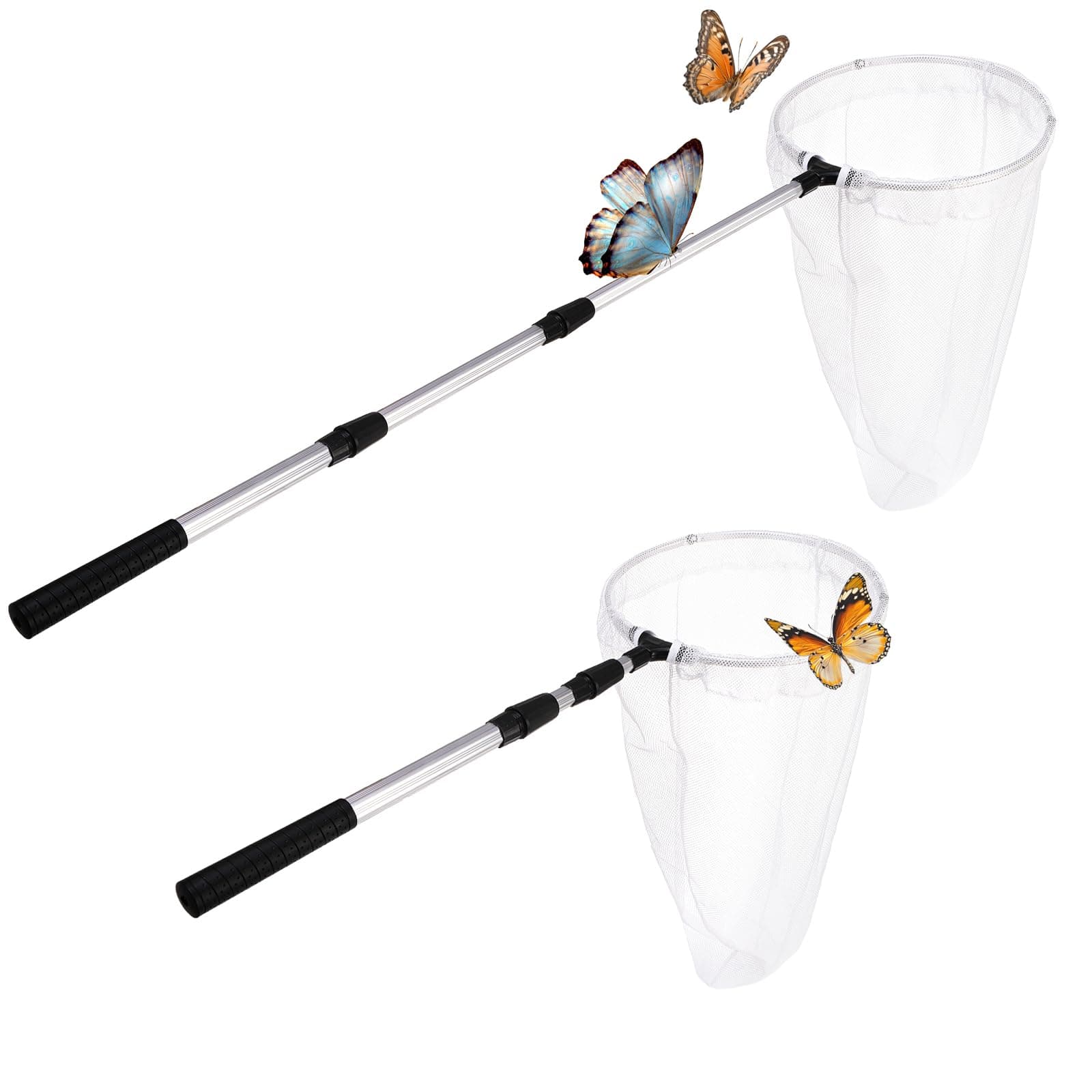 Kingrol 2 Pack Insect and Butterfly Nets, 10.5" Ring, 21.5" Net Depth, Bugs Fishing Catching Net with Telescopic Handle for Adults and Kids, Extendable 48 Inch