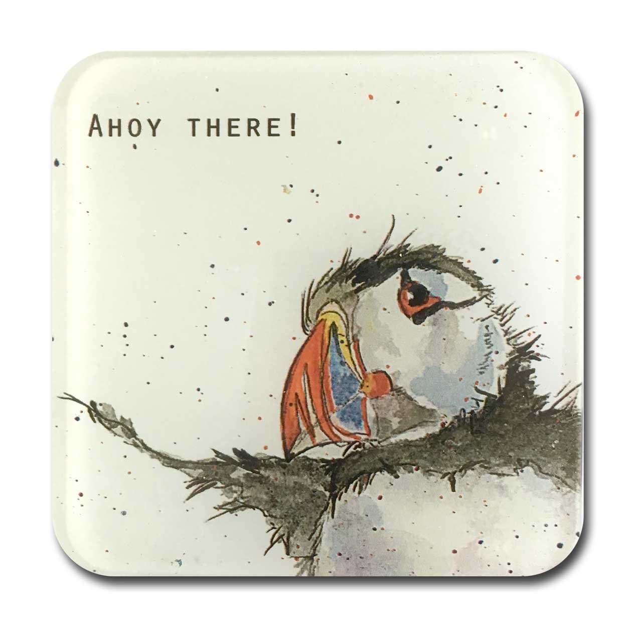 Puffin Glass Coaster – Seaside Coaster - Premium Drinks Mat, Artist Illustrated, 10cm x 10cm, Recycled Glass, Watercolour Puffin Illustration - Ahoy There - Sailor Gift - Single Coaster, by British artist Sarah Boddy