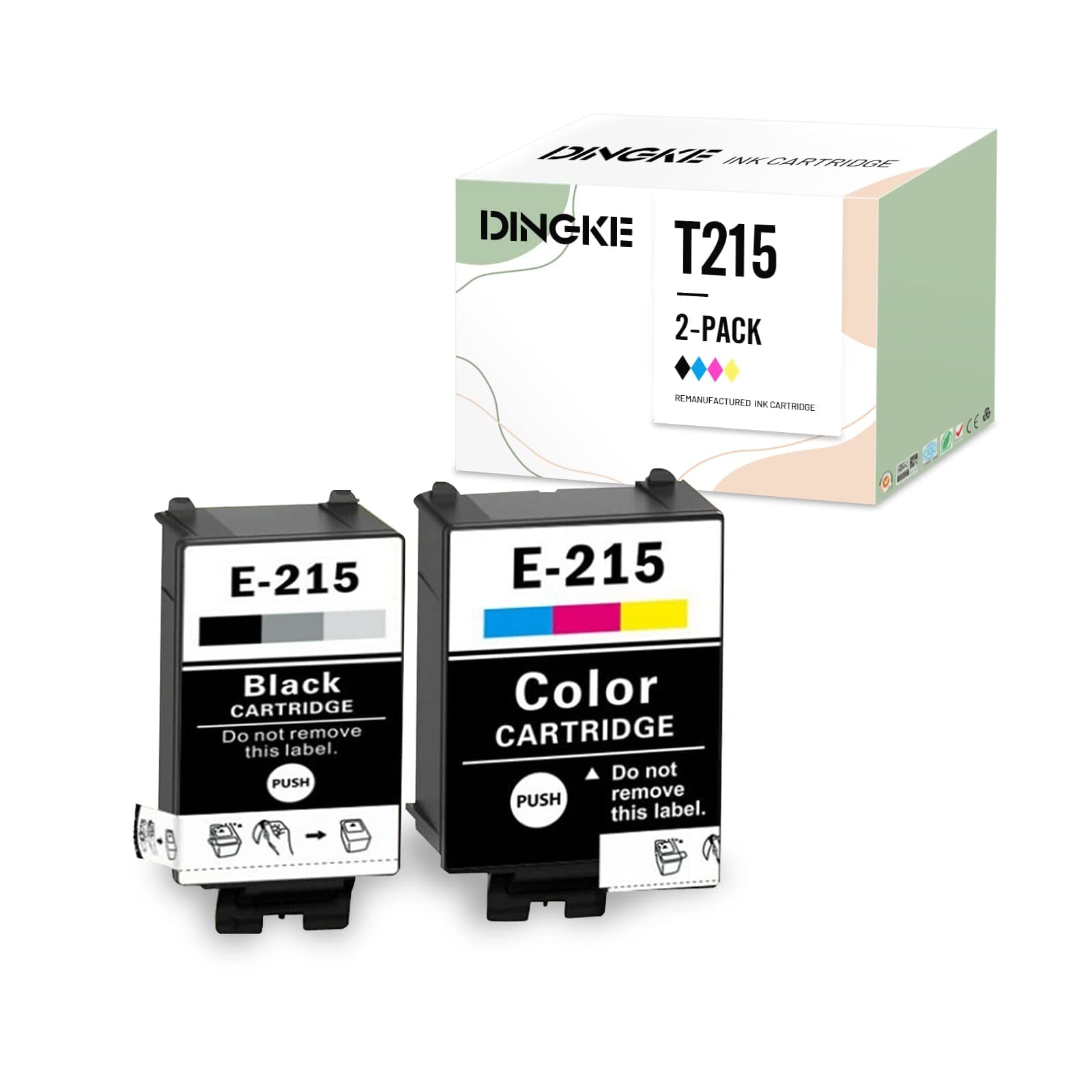 DingKe T215 215 Ink Cartridges Remanufactured for WF-100 WF-110 WF100 WF110 Printers (1Black, 1Tri-Color)