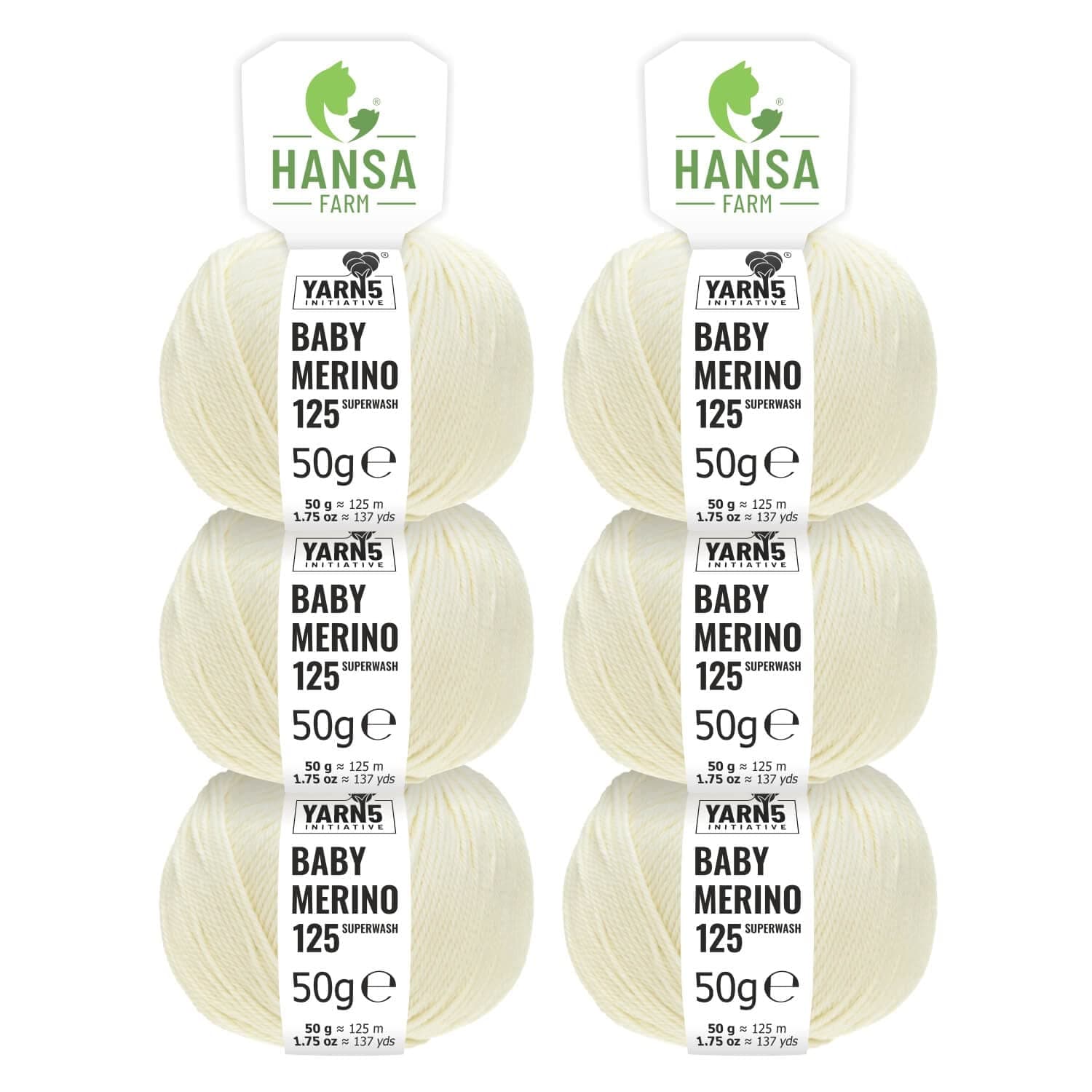 HANSA-FARM 100% extra-fine superwash merino wool in 35+ colours (non-itchy) - 300g set (6 x 50g) - Baby merino wool for knitting and crocheting in 4 yarn thicknesses Natural White