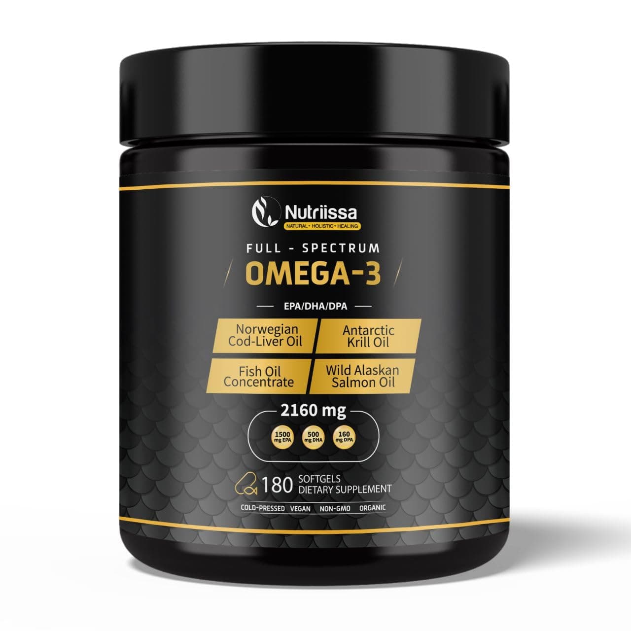 Nutriissa Omega 3 - Full Spectrum - 180 Count - High Concentrate Formula Fish Oil, Krill Oil, Cod Oil, Salmon Oil - Advanced Blend