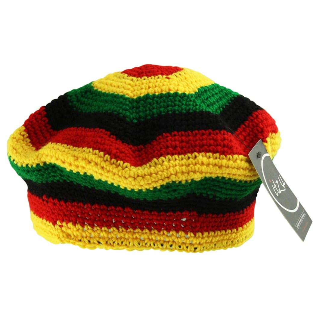 Itzu Crochet Knit Tam Rasta Reggae Beret Beanie Cap Hat Red Yellow Green Striped