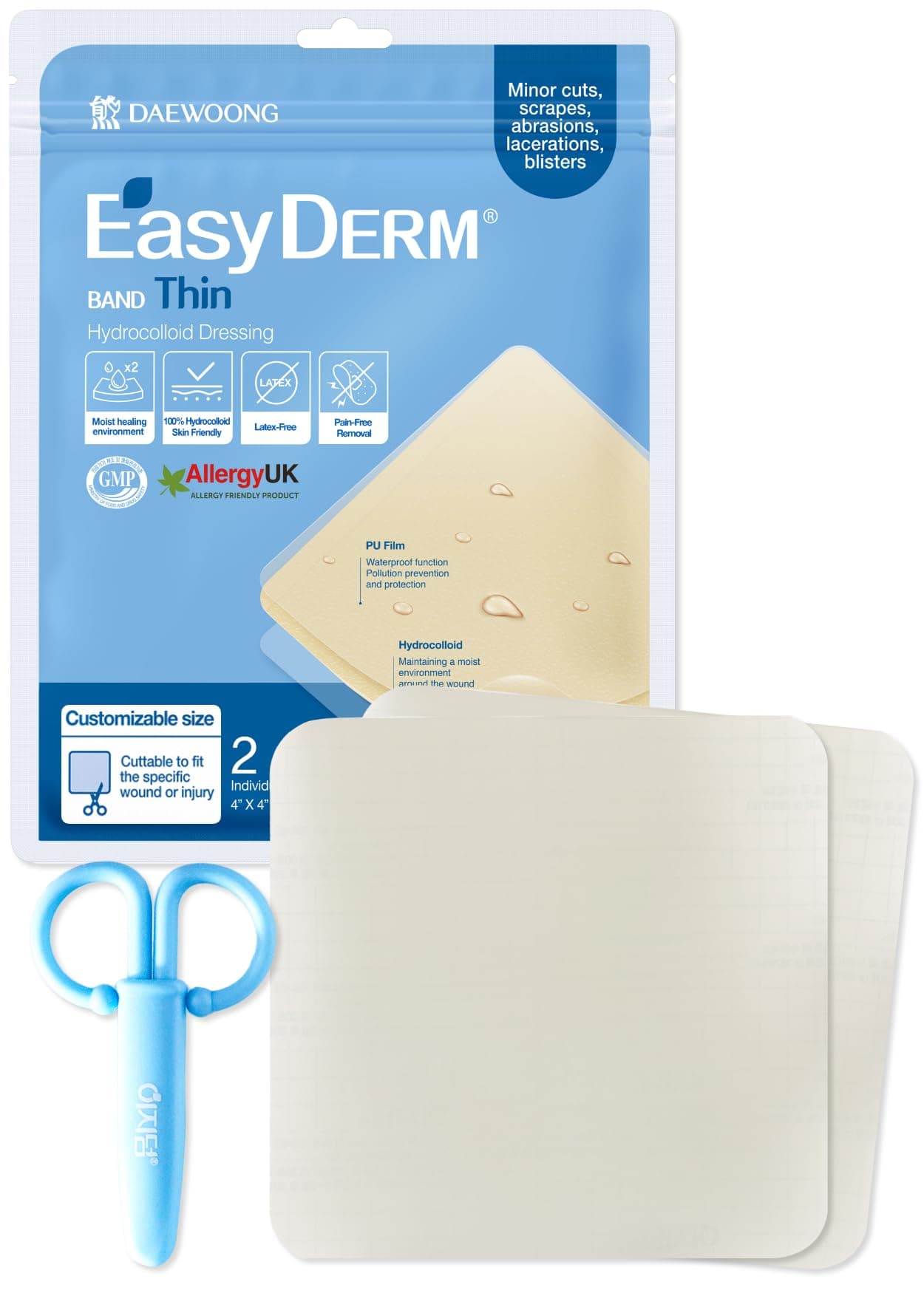 Easyderm Thin Hydrocolloid Large Wound Dressing 4”x4” 1 Pack (2 Dressings) | Waterproof, Latex-Free, Highly Absorbent Dressing for Burns, Blisters, Wound Healing with Mini Scissor