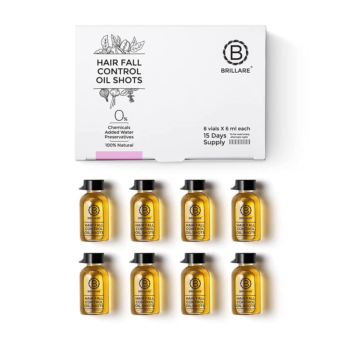 BRILLARE Hair Fall Control Oil Shots, 100% Natural Hair Oil With Onion Oil, Caffeine and Basil 6 ml X 8 Vials, Zero Chemicals, Yellow, 6 ml (Pack of 8)