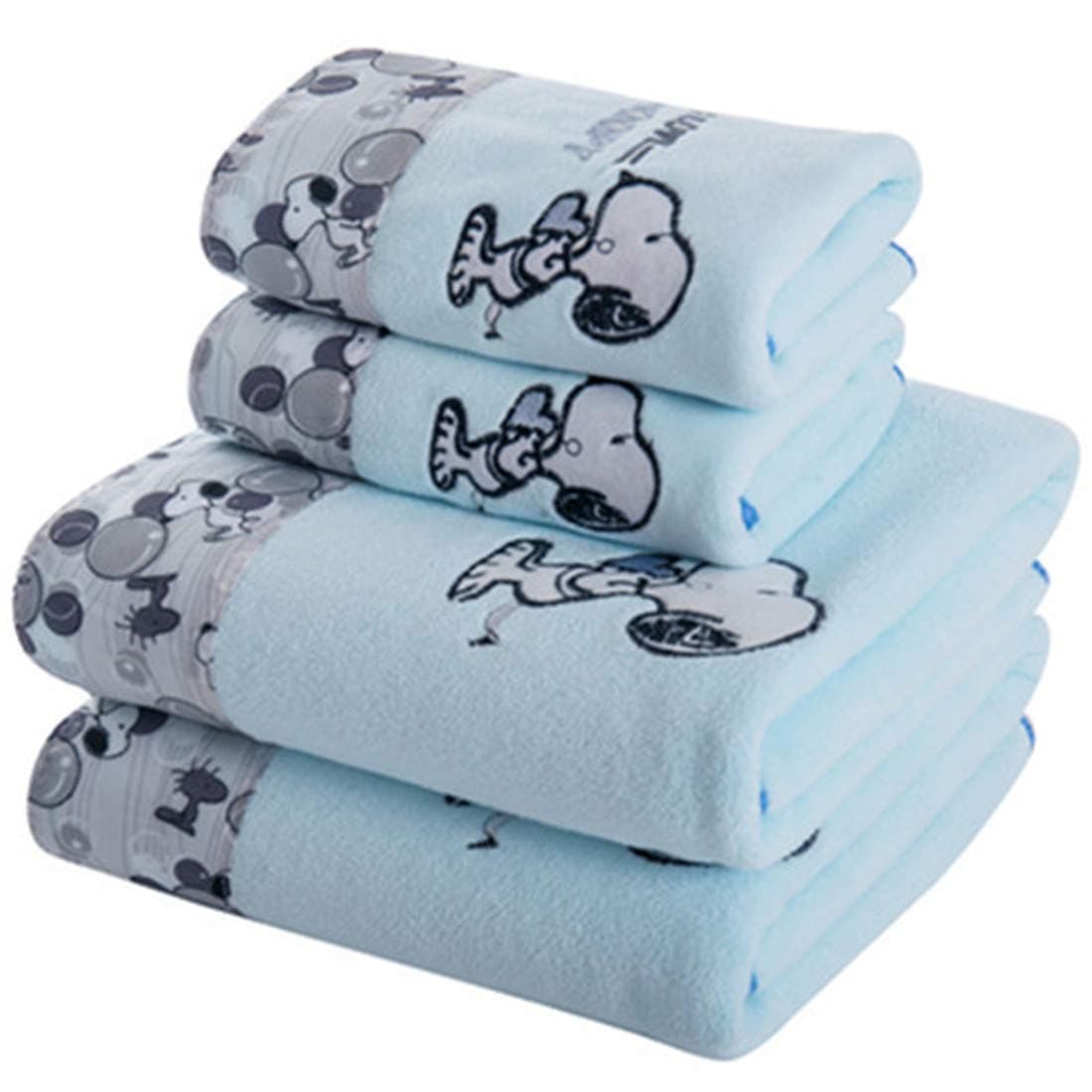 skyfiree Set of 4 Towels Set Cartoon Printed Snoopy 2 Bath Towels 2 Hand Towels Super Soft and Highly Absorbent (Blue)