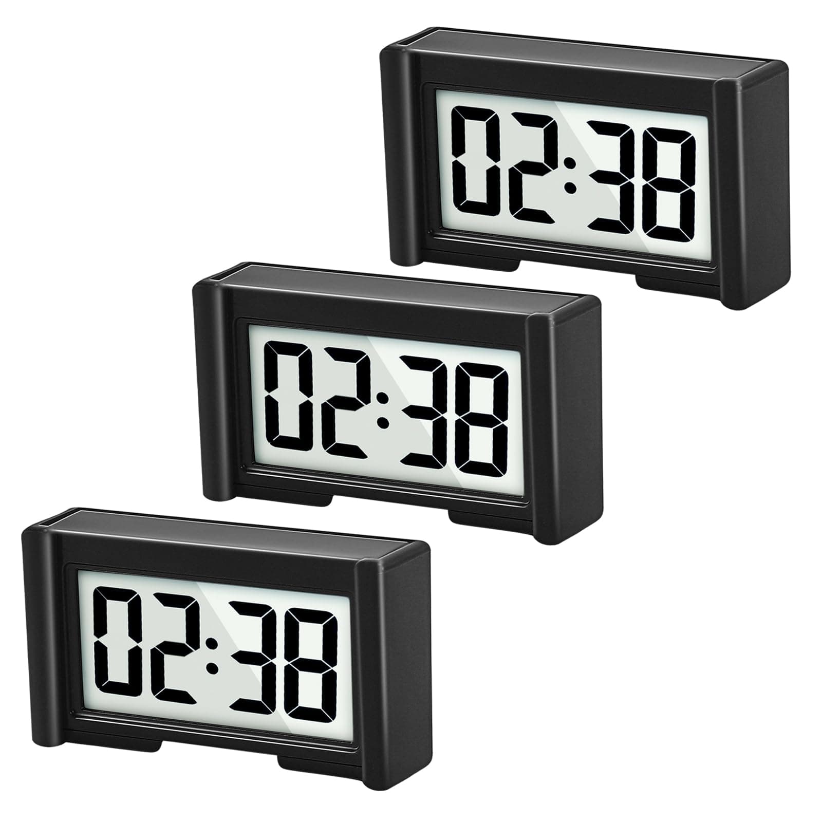 YOUNGFLY 3PCS Small Digital Clock, Vehicle Adhesive Clock with Jumbo LCD Time & Day Display, Mini Car Dashboard Clock Battery Operated for Desktop Car Truck Dashboard & Air Vent (Black)