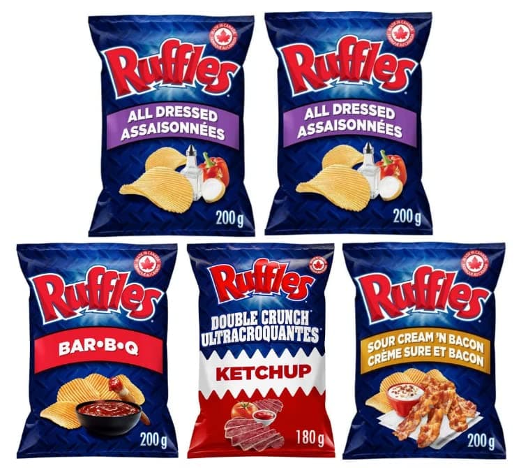 Over 2lbs of Canadian Ruffles chips (2x All Dressed, 1x BBq, 1x Ketchup, 1x Bacon) | ruffles all dressed potato chips| all dressed ruffles chips| all dressed chips| Canadian Snacks| by Snowbird Sweets