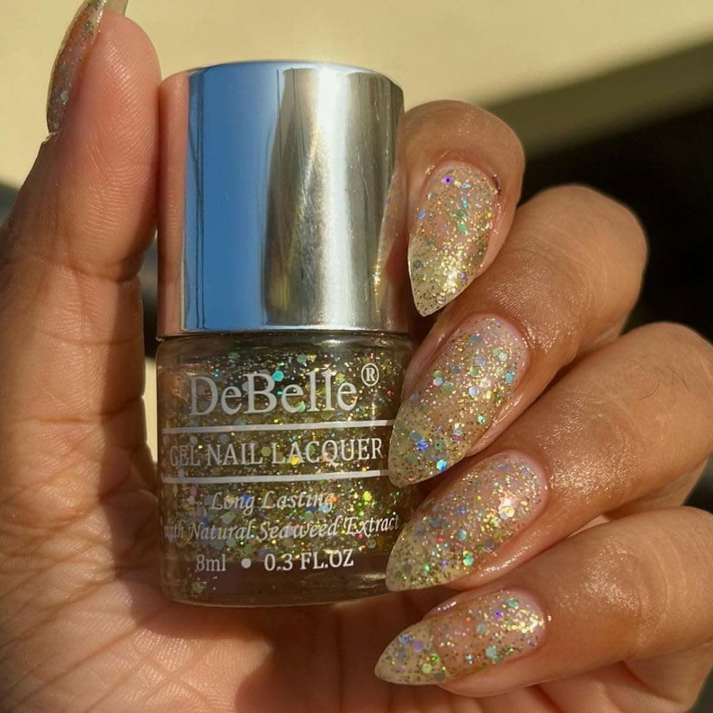 Gel Nail Polish Galaxia (Transparent With Different Size Holo Glitter Nail Paint)|Non UV - Gel Finish |Chip Resistant | Seaweed Enriched Formula| Long Lasting|Cruelty and Toxic Free| 8ml