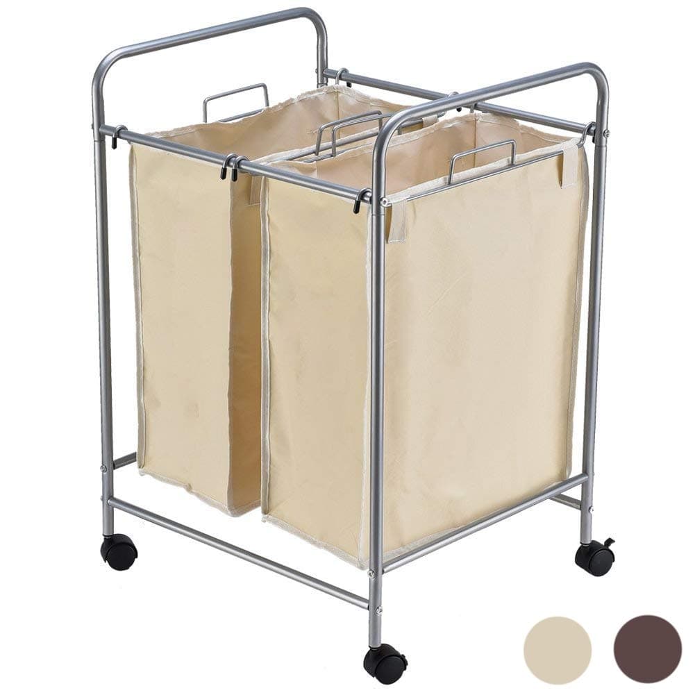 JEFEE Laundry Sorter Cart kaundry Sorter Divided Hamper with Heavy Duty Rolling Wheels, Heavy Duty Double Bag Laundry Sorter Cart for Clothes Storage, Cream…