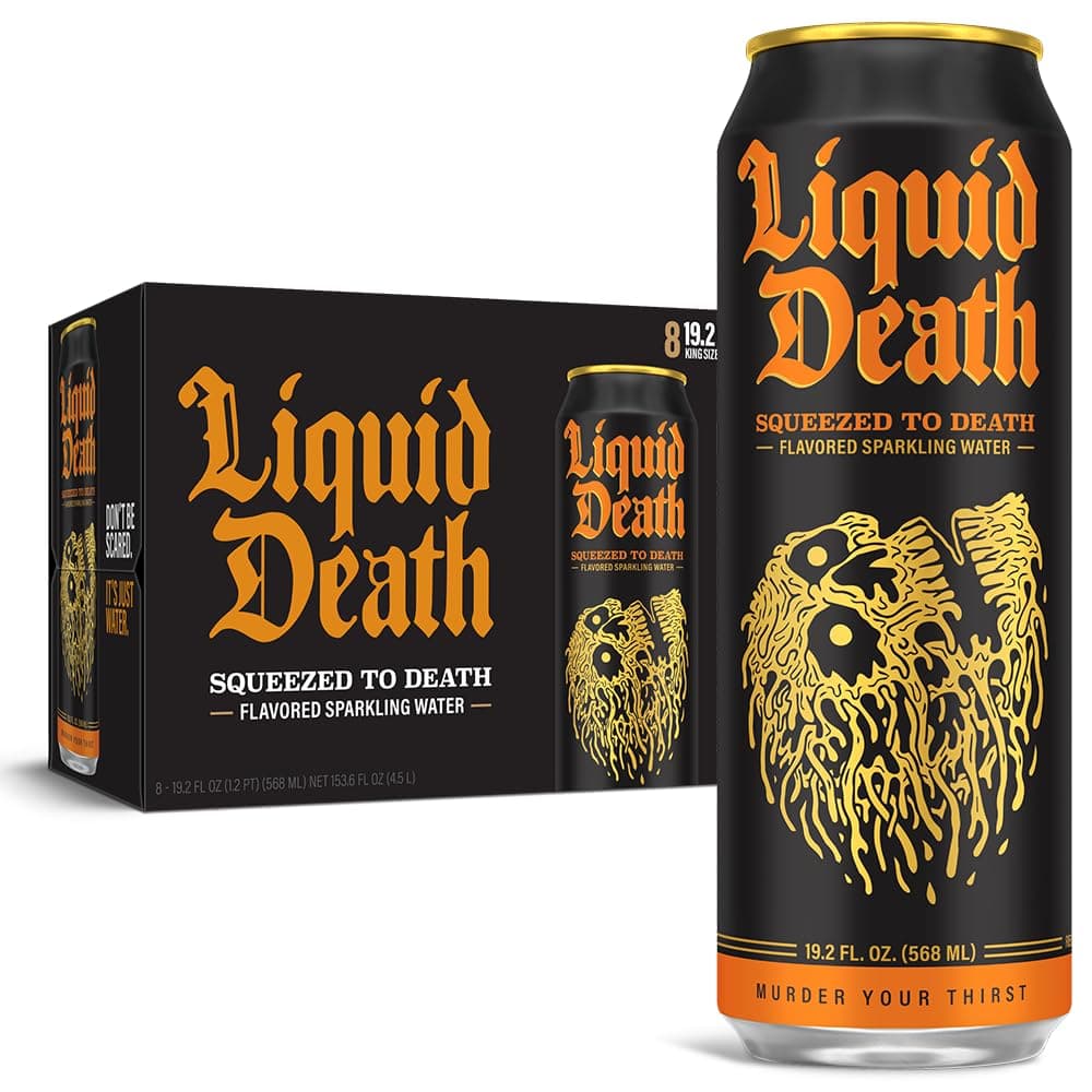Liquid Death, Squeezed to Death, Orange-Flavored Sparkling Water, 8-Pack (19.2oz Cans), Low Calorie & No Artificial Sweeteners