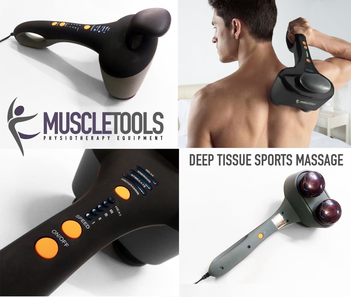 Muscletools Professional Physio Sports Injury Deep Tissue Massager with Infrared - 3 Heads - Back/Shoulders / Neck/Leg - Handheld Electric Massager