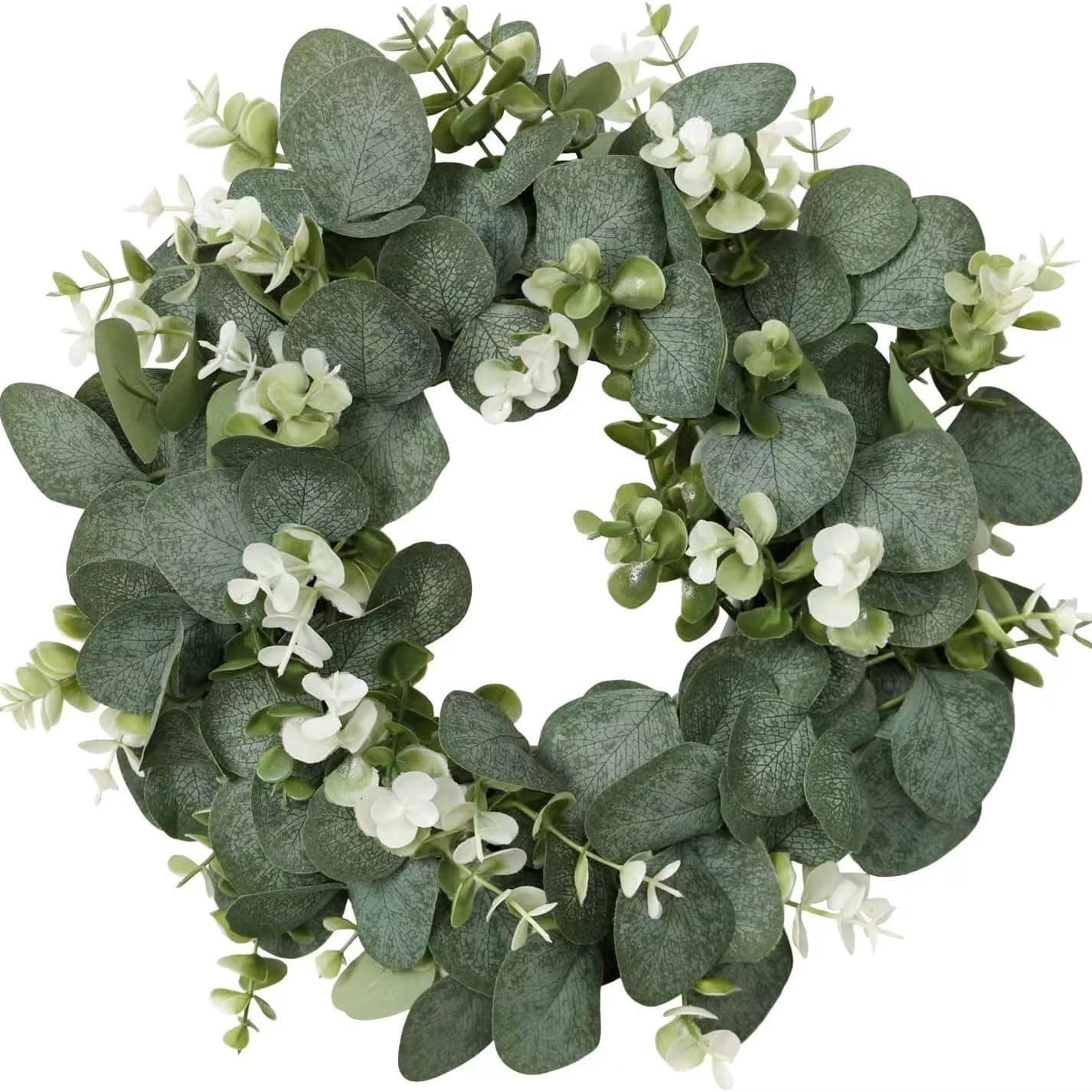DWIND Artificial Eucalyptus Wreath for Front Door 36cm Spring Green Leaves Wreaths with White Flowers Fake Leaf Garland for Home Indoor Outdoor Thanksgiving Halloween Christmas Wedding Décor