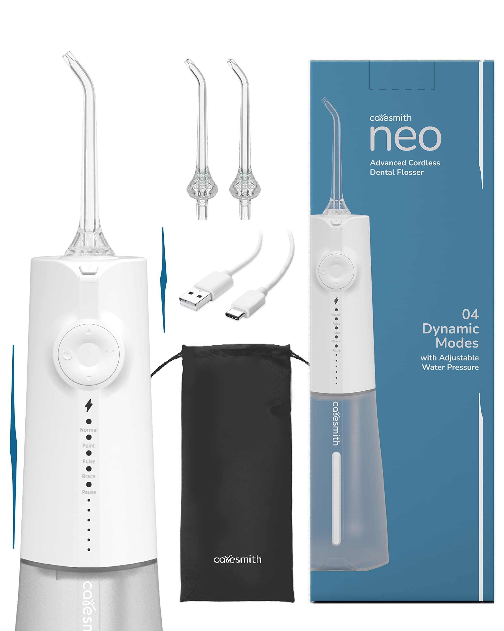 - Neo Cordless Oral Flosser | 24 Pressure Settings with 5 Modes & 6 Intensities | 300 ml Large Detachable Water Tank | Dental Flosser for teeth | IPX7 Waterproof | 2 Jet Tips Provided (White)