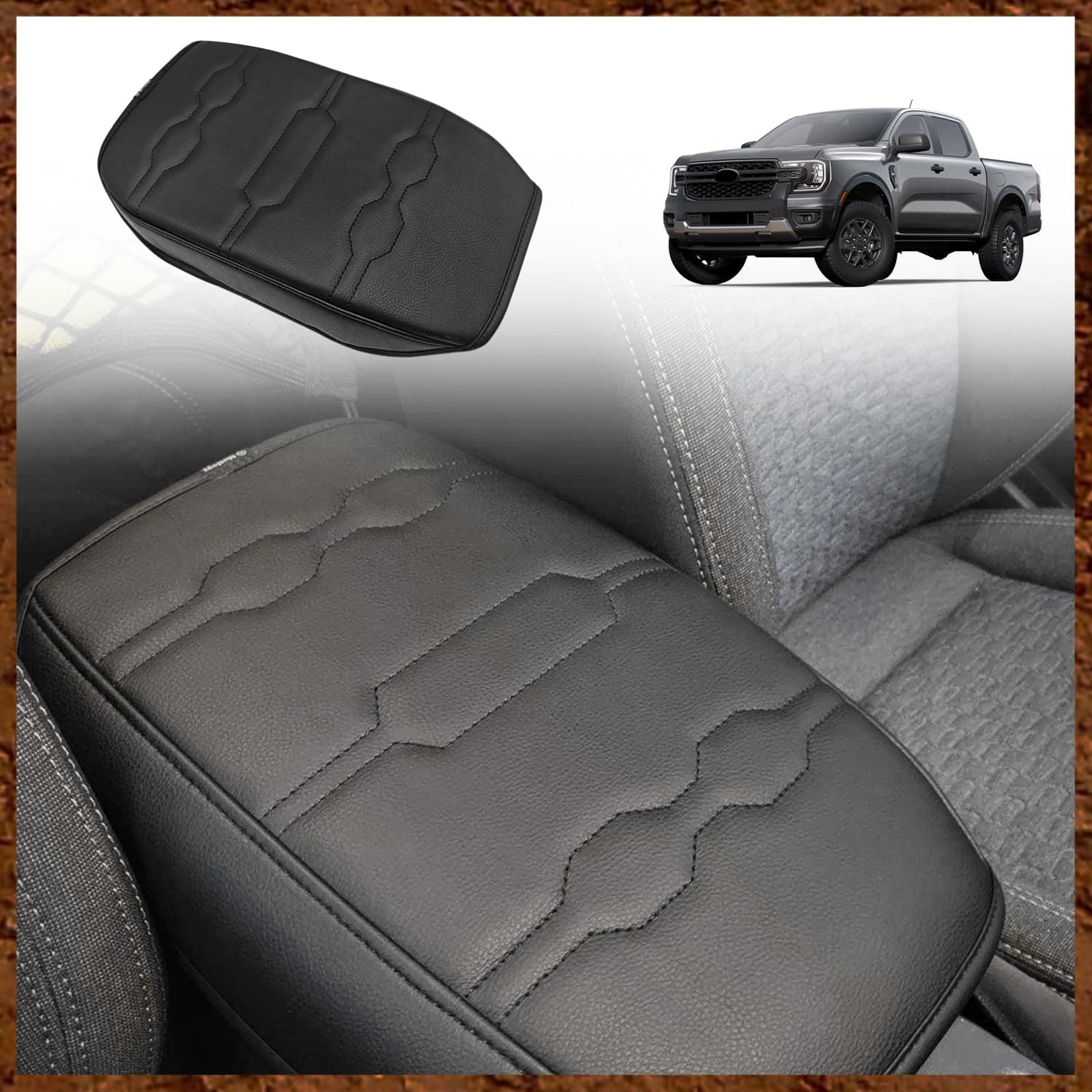 Muslogy Center Console Cover Armrest Pad Compatible with Ford Ranger 2024 XL XLT Lariat Raptor Accessories Armrest Cushion Arm Rest Box Lid Cover Protector Anti-Scratch Vegan Leather Extra Soft