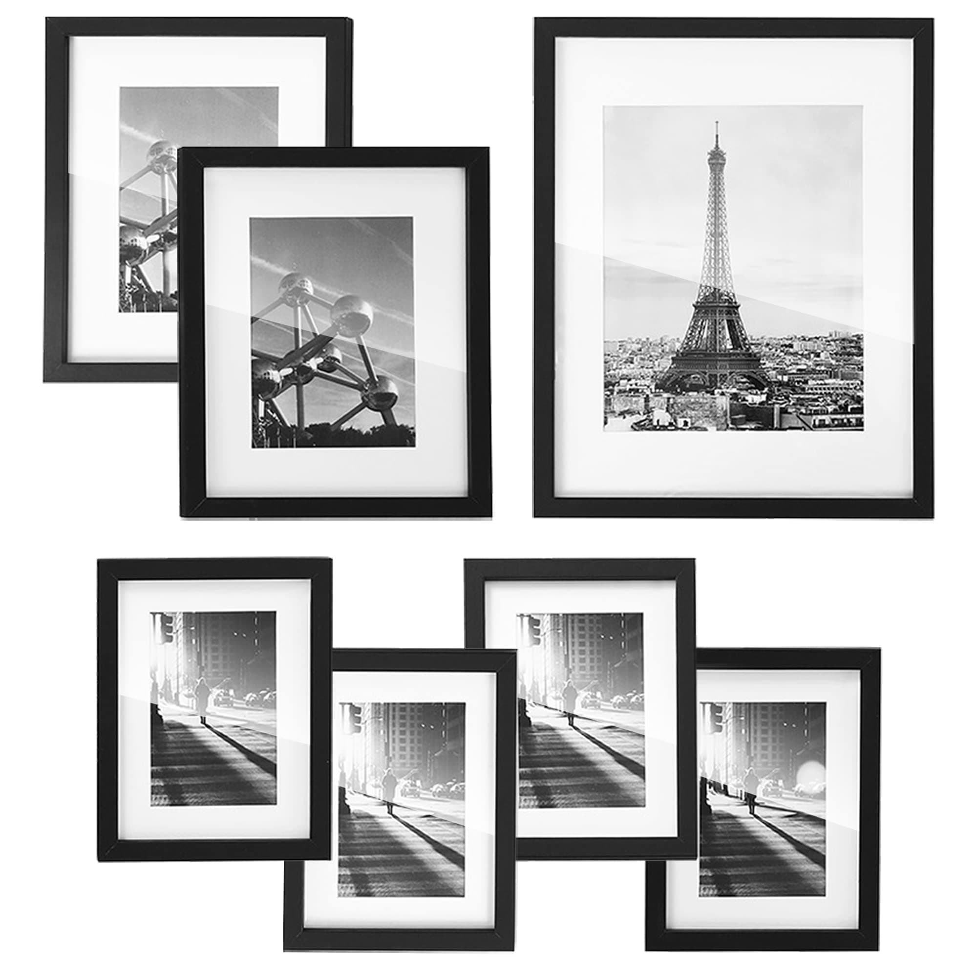 SONGMICS Picture Frames with 7 Mats, Set of 7 Collage Photo Frames, One 11x14, Two 8x10, Four 6x8 Frames, Hanging or Table Display, Glass, Black URPF37BK