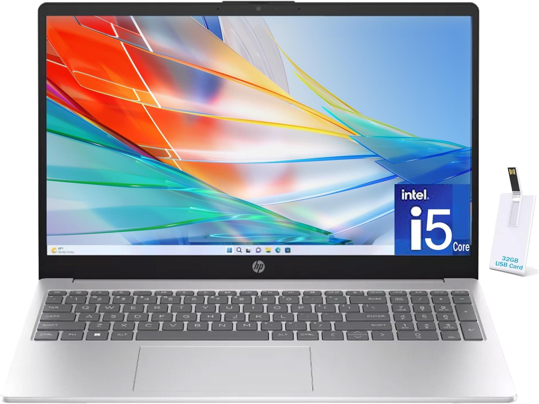 15.6" Laptop, 13th Gen Intel Core i5-1335U, 16GB RAM, 512GB SSD, FHD Anti-Glare Display, Webcam, Numeric Keypad, Wi-Fi, Bluetooth, HDMI, 32GB USB Card, Windows 11 – Silver (US Version)