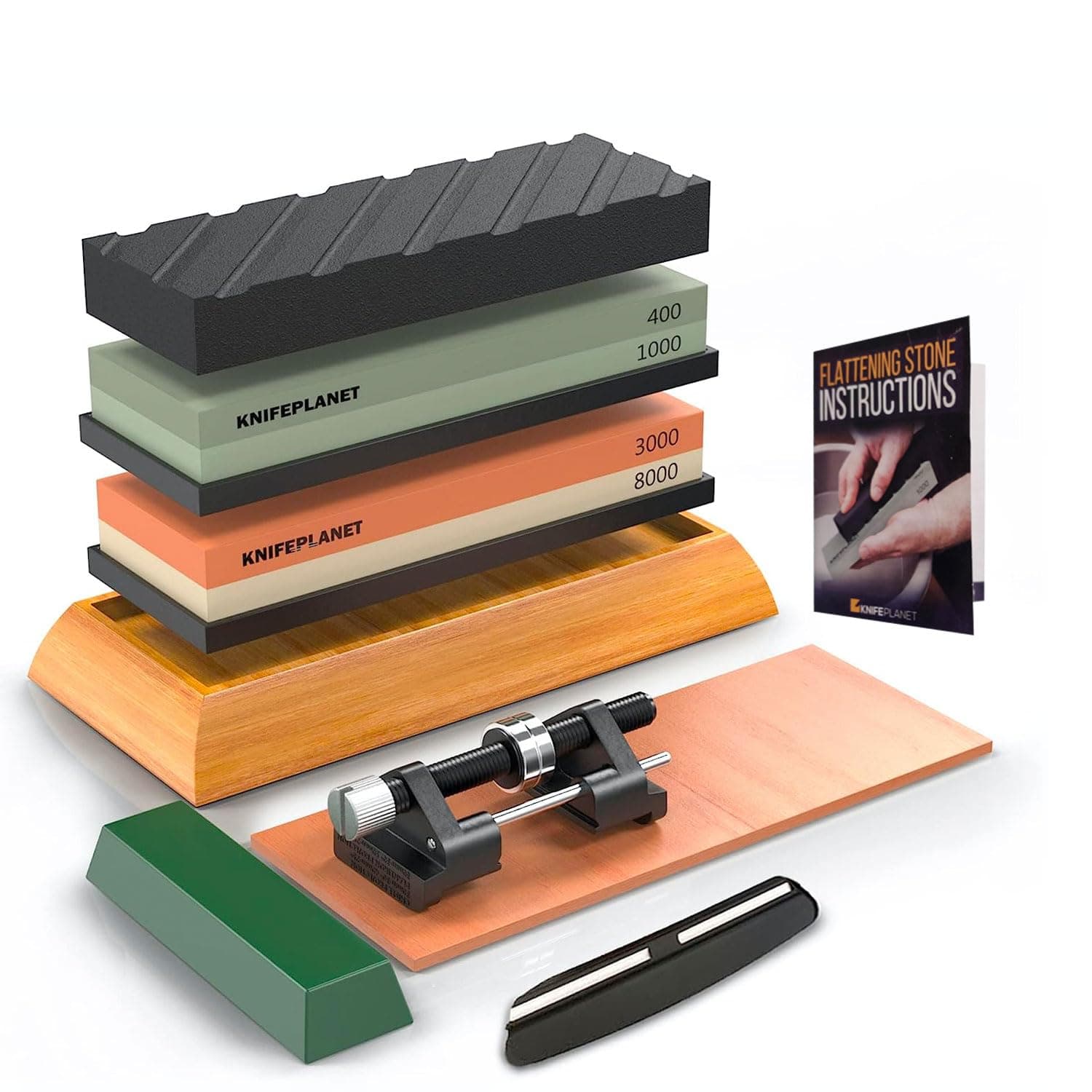 Knife Sharpening Stone Set 400/1000 and 3000/8000 Grit Professional, Safe Knife Sharpener Set Whetstone Set Contains Flattening Stone, Bamboo Base and 2 Non-Slip Rubbers