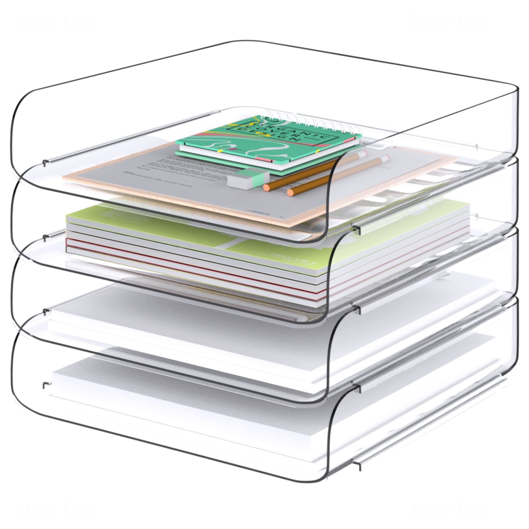 Desk Letter Tray Set, A4 Size Clear PET Stackable Document Organizer Office Desktop File Paper Holder Book Storage Rack Side Load Anti-Skid Stacking Support Convex Bottom (4X Portrait)