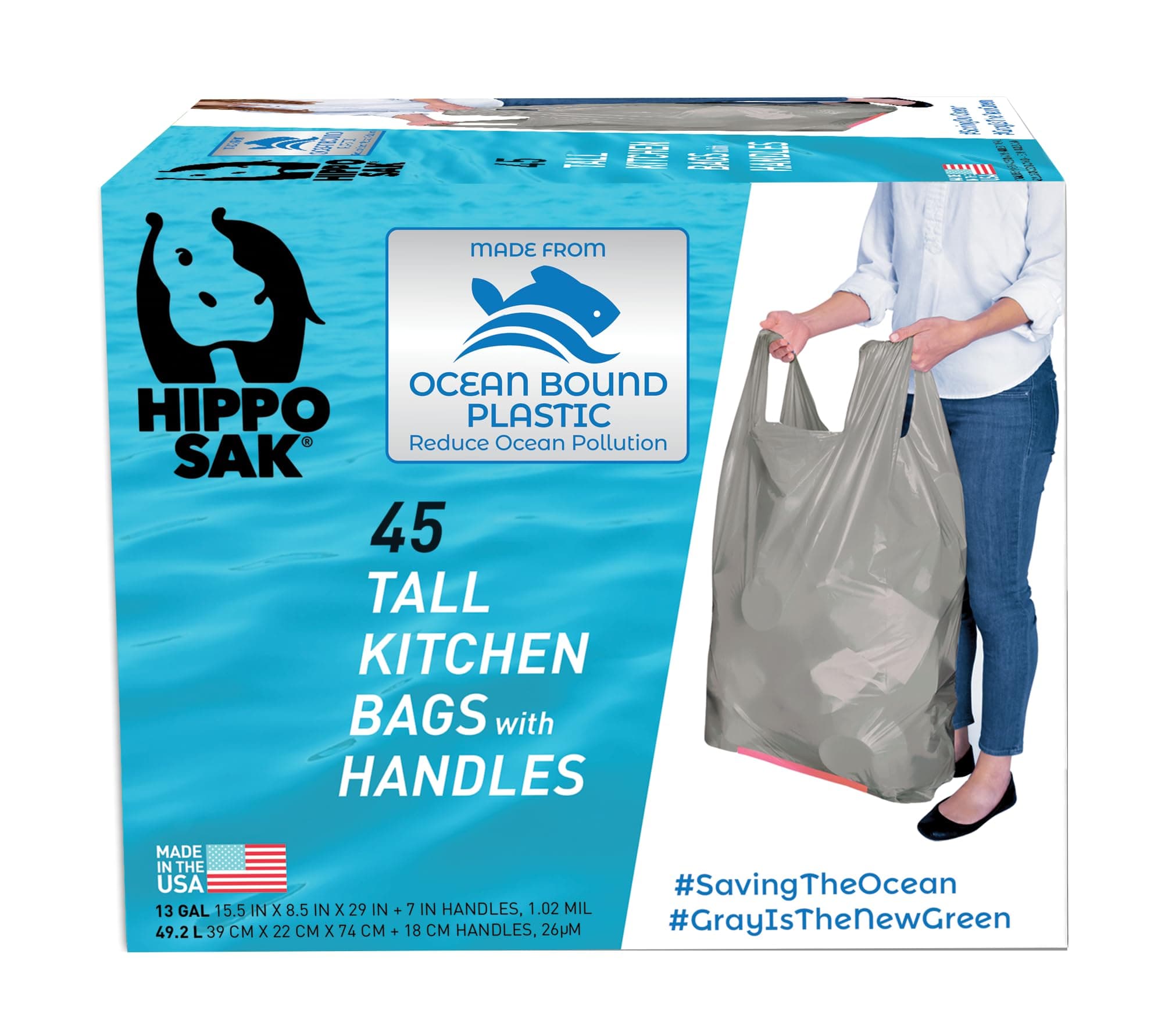 Hippo Sak - Tall Kitchen Garbage Bags with Ergonomic Handles - 13 Gallon Trash Bags Made from Recycled Ocean Bound Plastic - Super Strong and Leak Proof Tall Kitchen Trash Bags (45 Count)