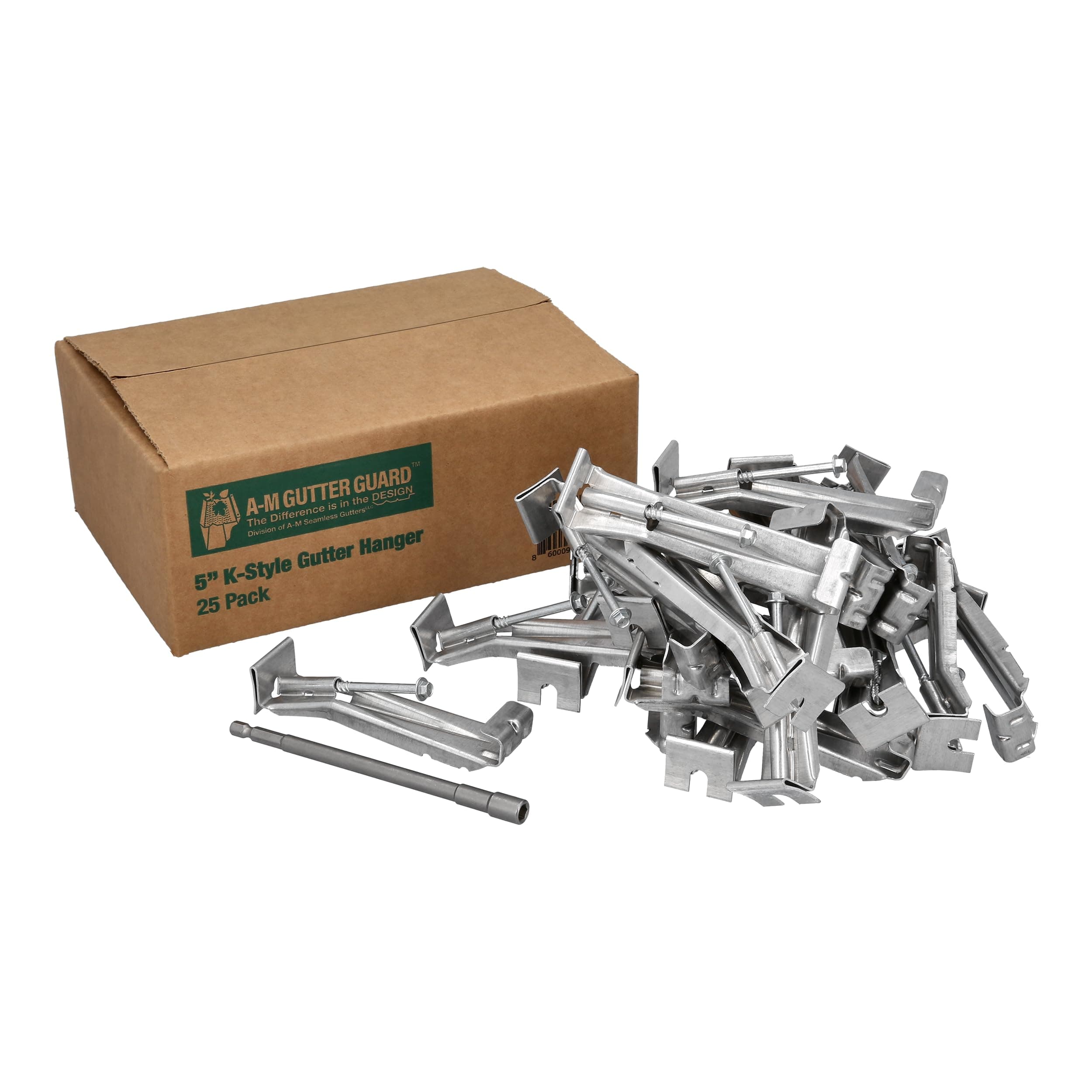 5" K Style Gutter Hangers (25 Pack) - Heavy Duty Hidden Rain Gutter Bracket Support With Speed Screw and Clip - For 5 - K Style Aluminum Gutters - Includes 1/4" x 6" Hex Bit