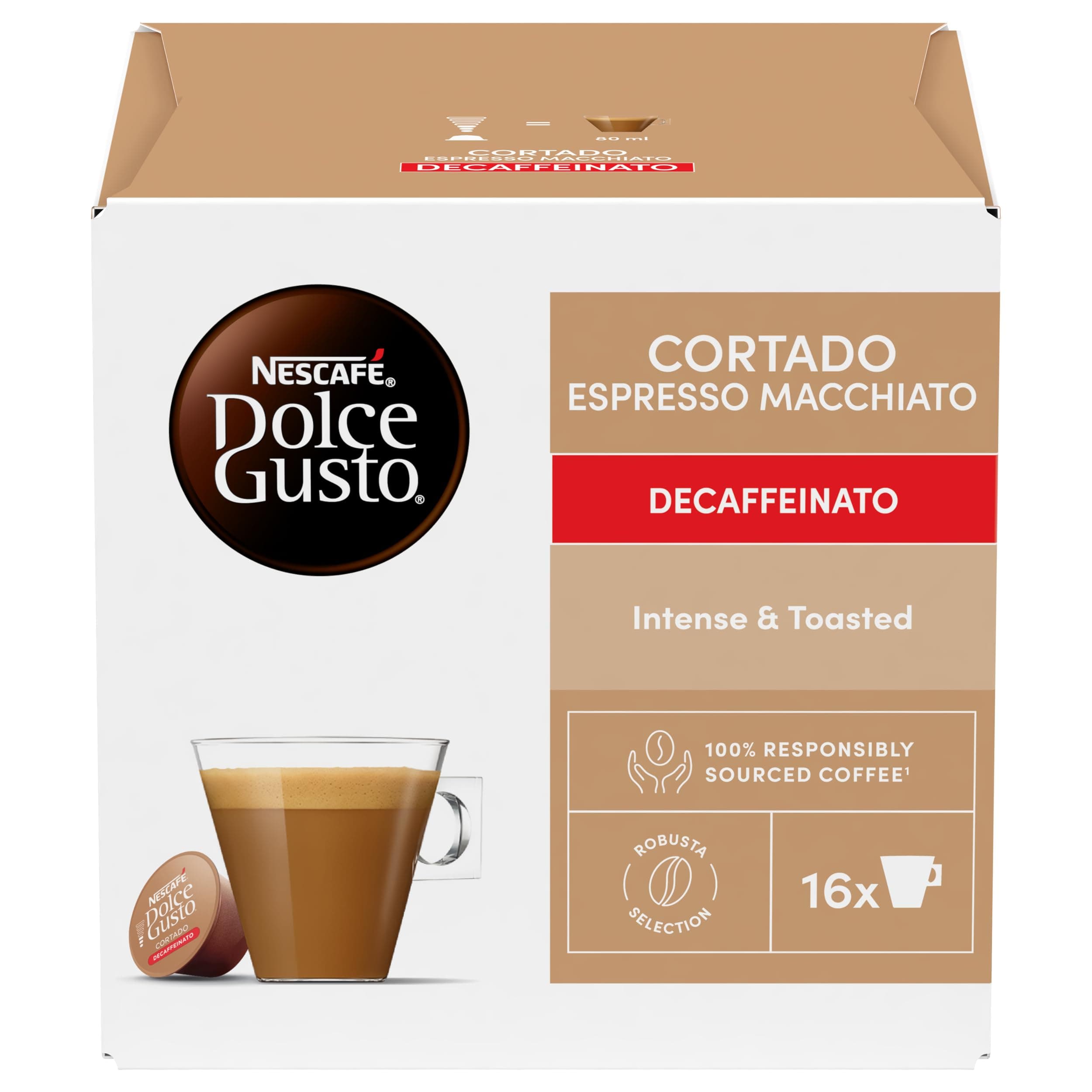 BOX OF NESCAFE DOLCE GUSTO CORTADO DECAF DECAFFEINATED COFFEE PODS