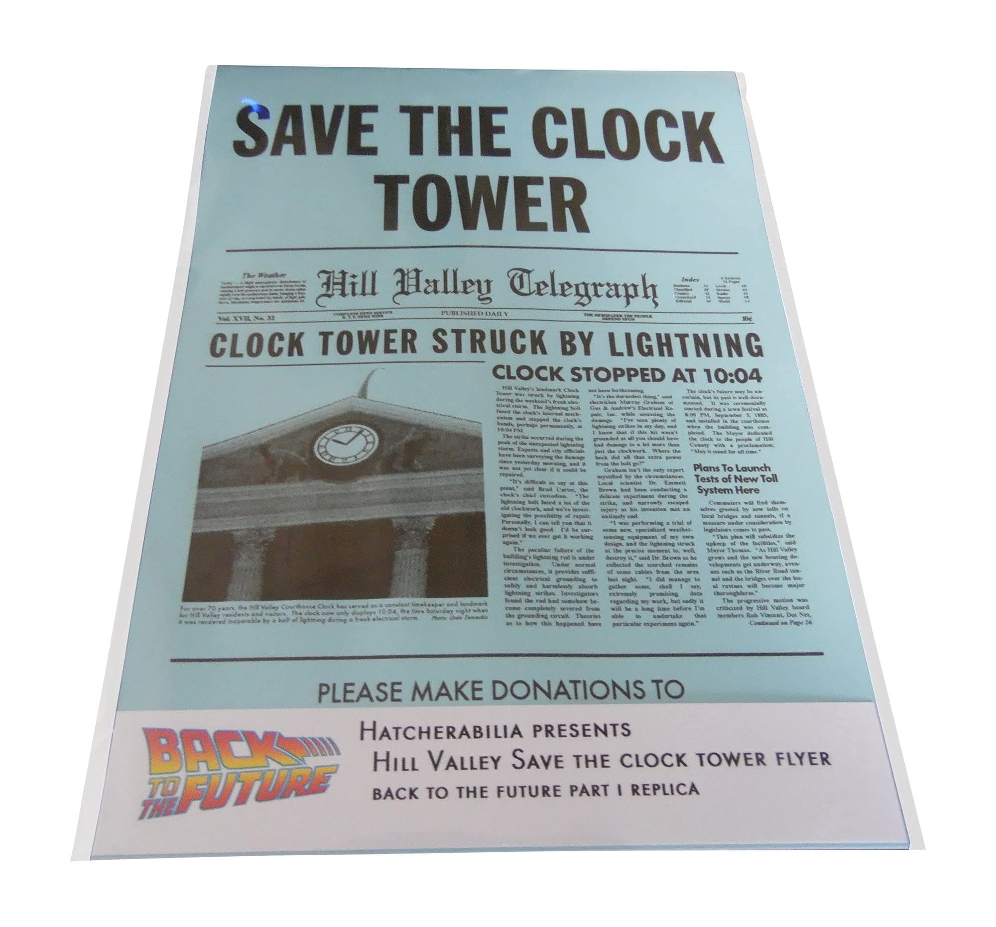 Back to the Future Hill Valley Save the Clock Tower flyer as given to Marty McFly and Jennifer