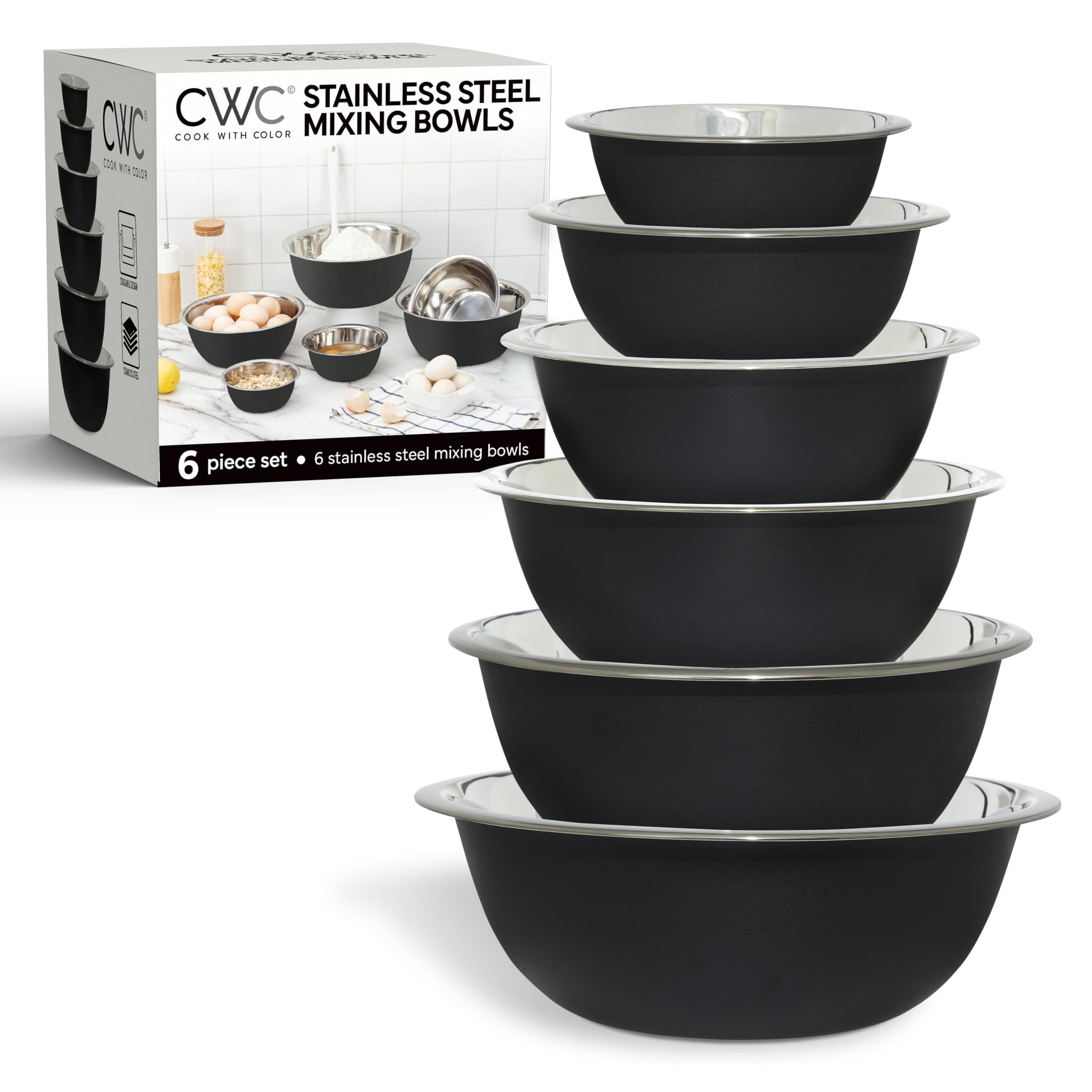 COOK WITH COLOR Stainless Steel Mixing Bowls Set - Nesting Bowls, 6 Pieces, Black