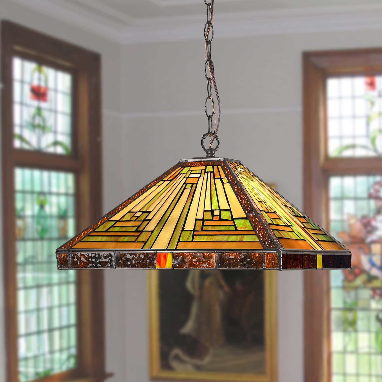 Capulina Tiffany Lamp Stained Glass Pendant Lights 16” Wide Antique Rustic Tiffany Style Hanging Lamp for Kitchen Island Counter Dining Room Hallway Office