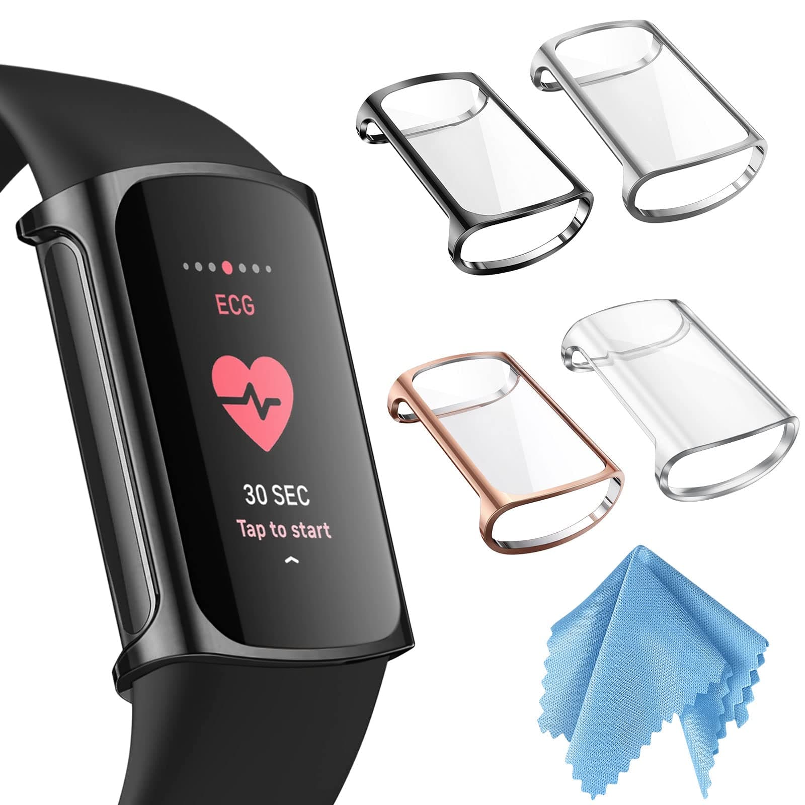 Fintie 4-Pack Case Compatible with Fitbit Charge 5 (Not for Charge 4/3), Full-Around Screen Protector TPU Case Cover Bumper Shell Accessories, Clear, Black, Rose Gold, Silver