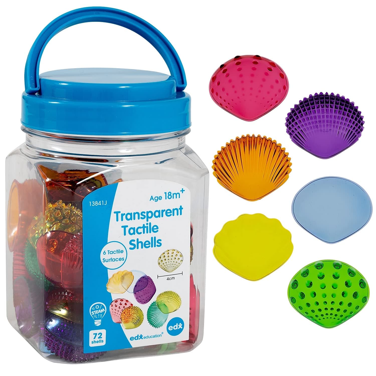 edxeducation Tactile Shells | Set of 72 | Translucent | 6 Textures and Colours | Ages 18m+ | Explore STEM concepts via Light Panels and Sensory Bins