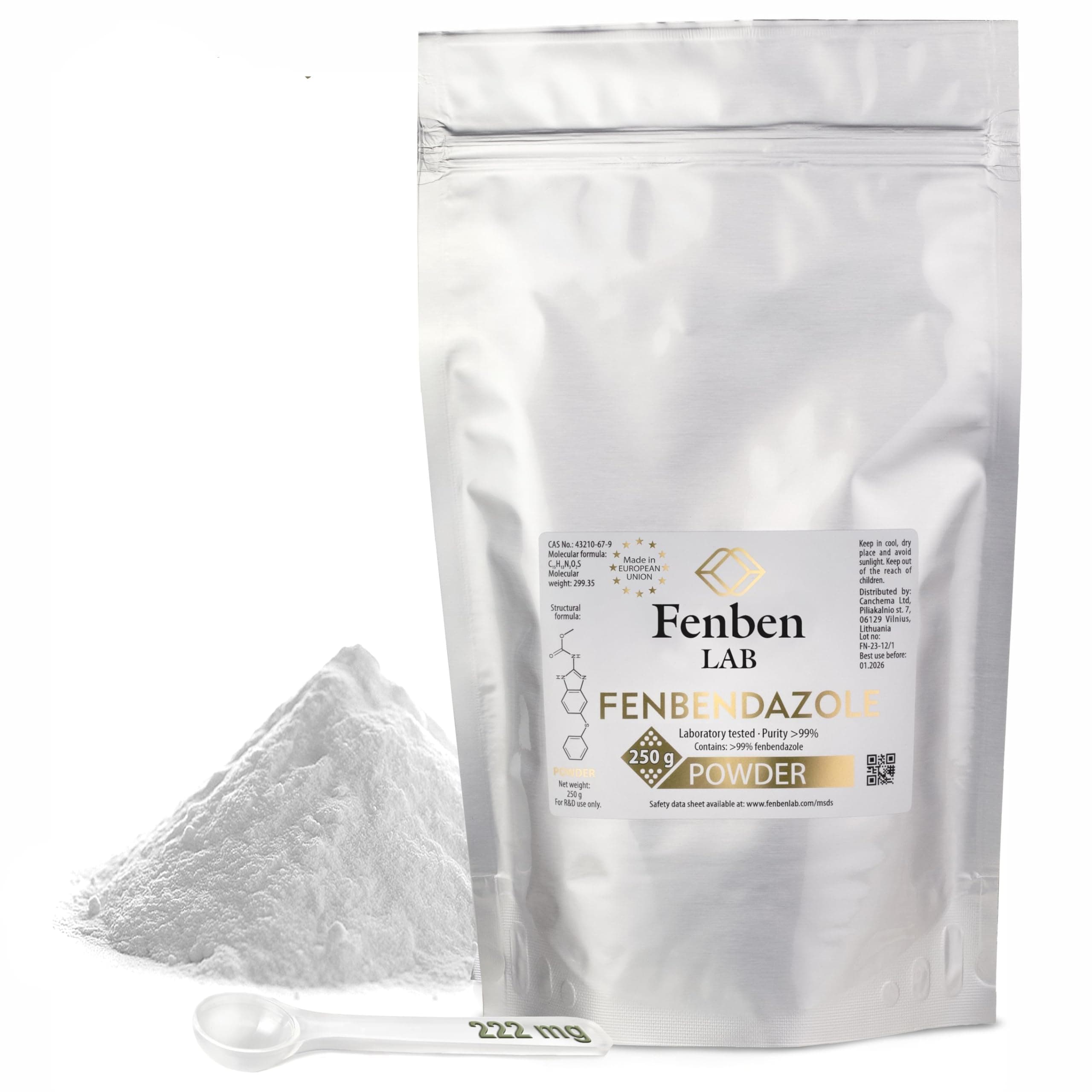 Fenbendazole 250g Powder, Purity >99%, by Fenben Lab, 222mg Measuring Spoon and Certificate of Analysis (Quality Protocol) Included, 8.8oz