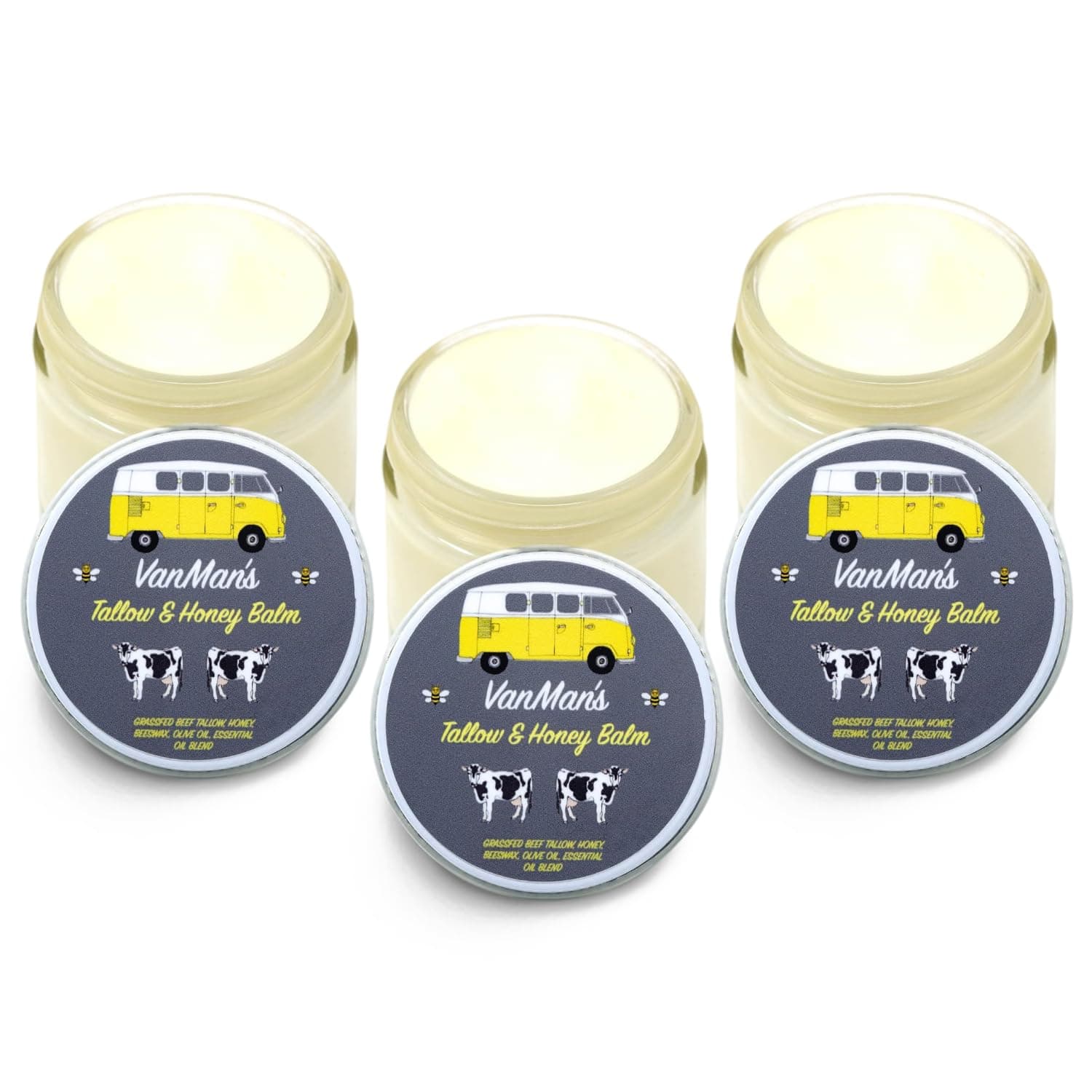 Vanman's Tallow and Honey Balm (3 Pack) - Tallow Face Moisturizer with Pure Grass-Fed/Finished Beef Tallow for Skin and Essential Oils, Organic Raw Honey and Beeswax, Cold Pressed Olive Oil - 2 oz