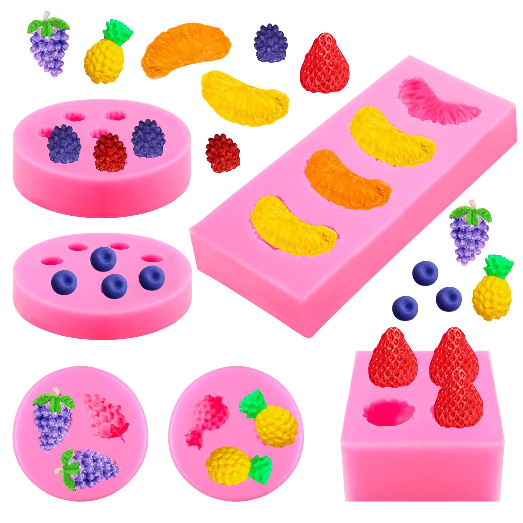 6 Pieces Fruit Fondant Molds Fruit Shaped Silicone 3D Strawberry Mold Fruit Silicone Molds Orange Pineapple Mulberry Blueberry Grape Fondant Molds for Jelly Cupcake Decorating