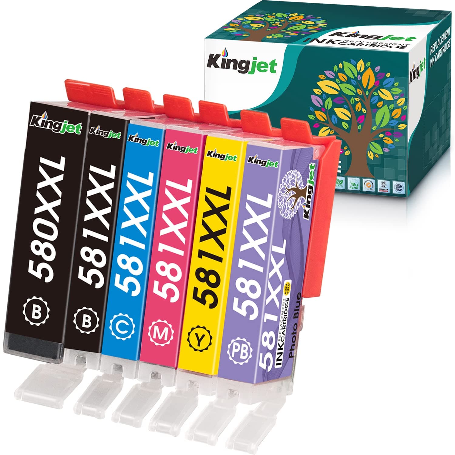 KINGJET PGI-580 CLI-581 PGI-580XXL CLI-581XXL Ink Cartridges (PGBK/BK/Photo Blue/C/M/Y) Compatible Canon 580 581 for Canon Pixma TS8150 TS8151 TS8152 TS9150 TS9155 TS8350 TS8250 TS8251 TS8252，6 Pack