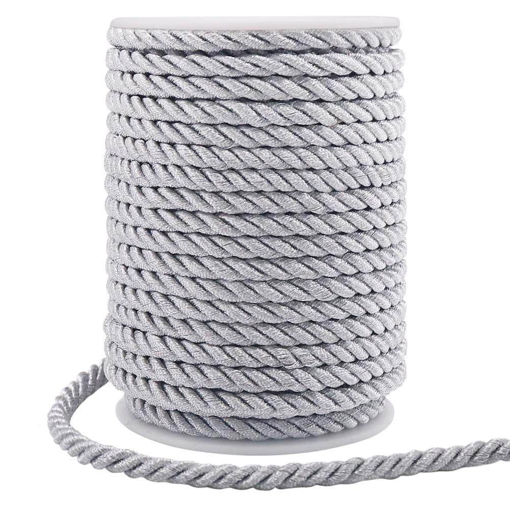Tenn Well 5mm Twisted Cord, 60 Feet Thick Twisted Rope Trim Thread String for Curtain Tieback, Gift Bags Rope Handles, Handbags Handles and DIY Craft Making (Silver)