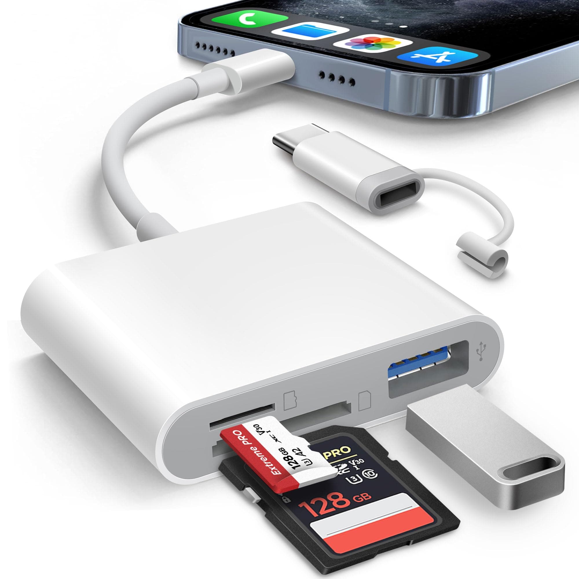 SD Card Reader for iPhone iPad Built-in Lightening & USB-C Dual Connectors Card Adapter with SD MicroSD USB-A 3 Slots Trail Camera Memory Card Viewer, Portable No App Required Plug and Play