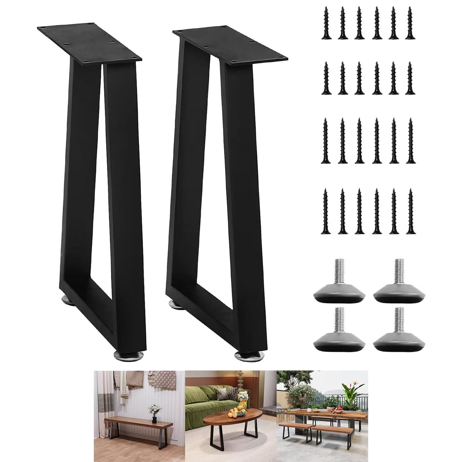 Yidi Metal Table Legs 16 Inch, Trapezoid Heavy Duty Adjustable Bench Legs, Replacement Coffee Table Legs Set of 2 Black 15.7" H×11" W