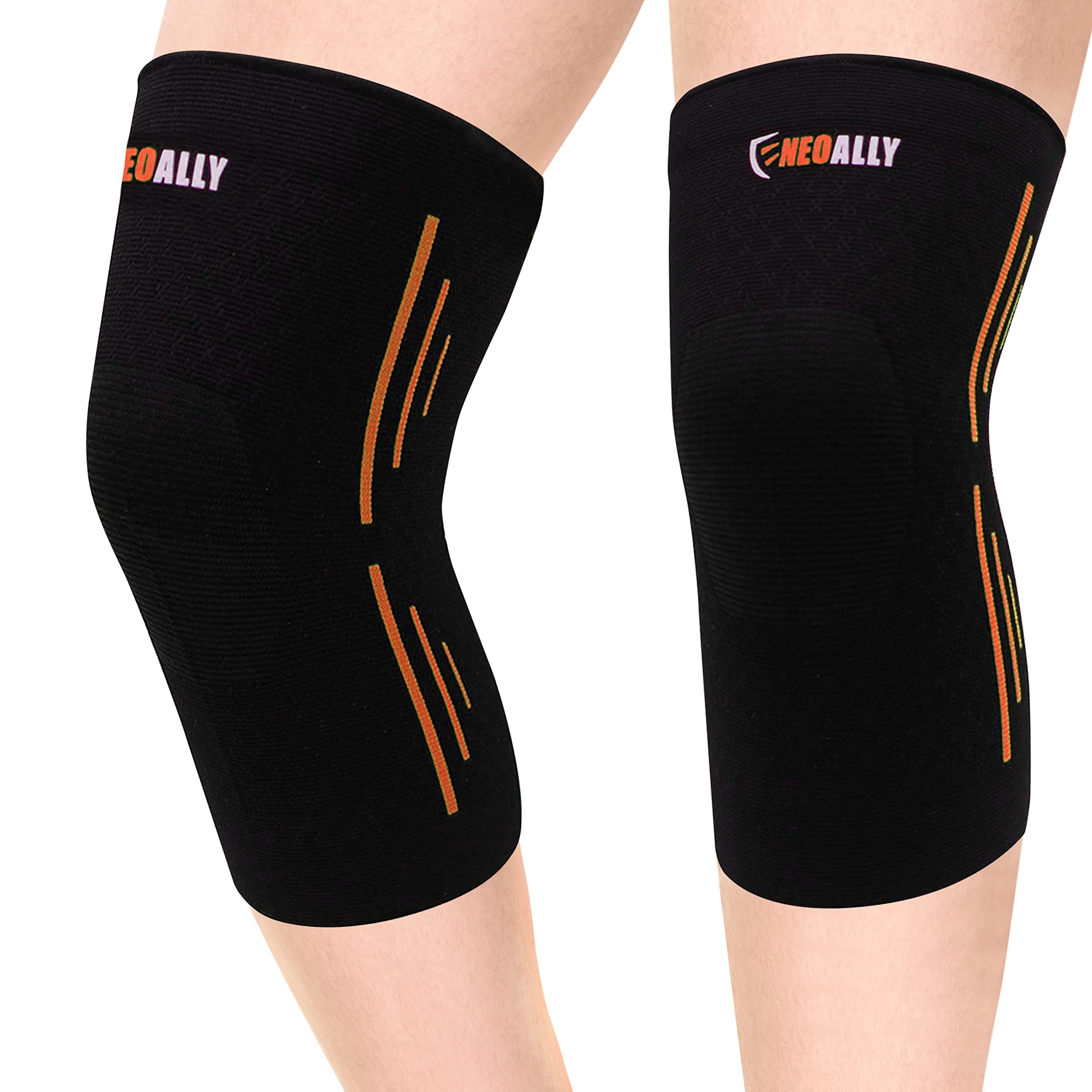NeoAlly® - Compression Knee Sleeves for Men and Women, Non-Slip Knee Support for Knee Pain, Sports Compression Knee Sleeve for Women and Men, Black & Orange, Small