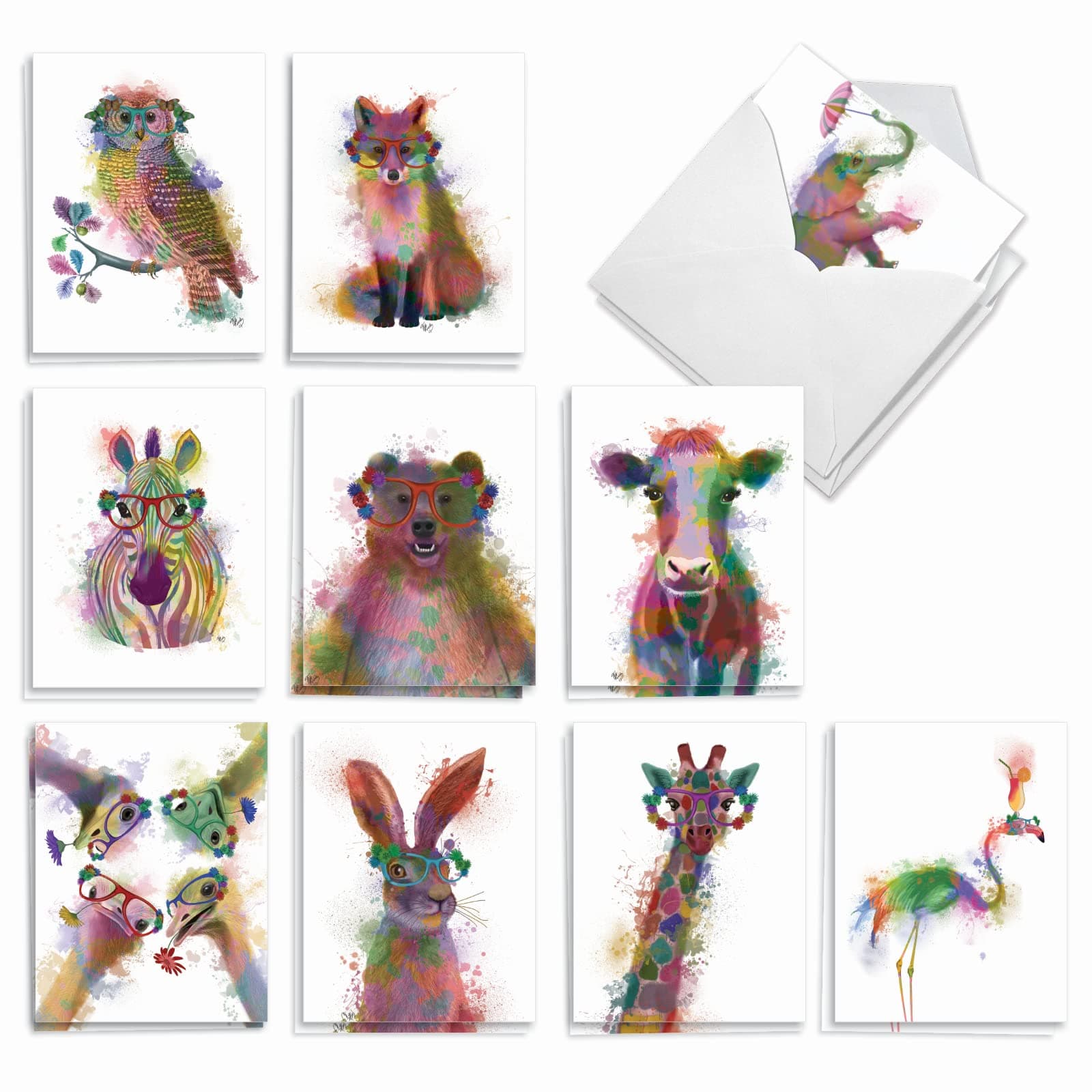The Best Card Company - 20 Assorted Watercolor Animal Blank Notecards Box Set 4 x 5 In with Envelopes (10 Designs) Camp Note Cards Stationery Set, Funky Rainbow Wildlife AM4948OCB-B2x10