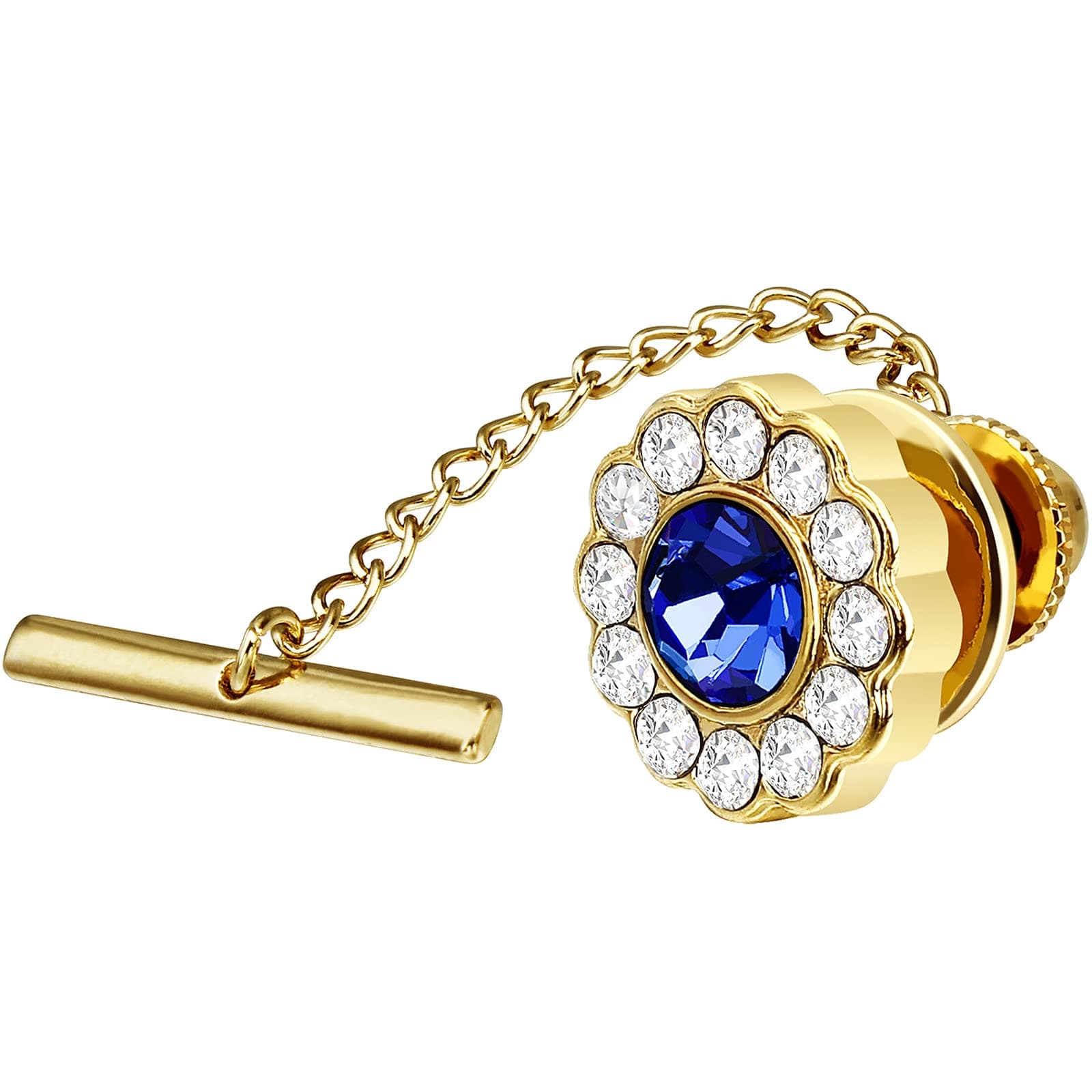 Crystal/Pearl Tie Tack with Chain, Gold Mens Tie Pin Necktie Pins Lapel Pin for Wedding Birthday Anniversary Party