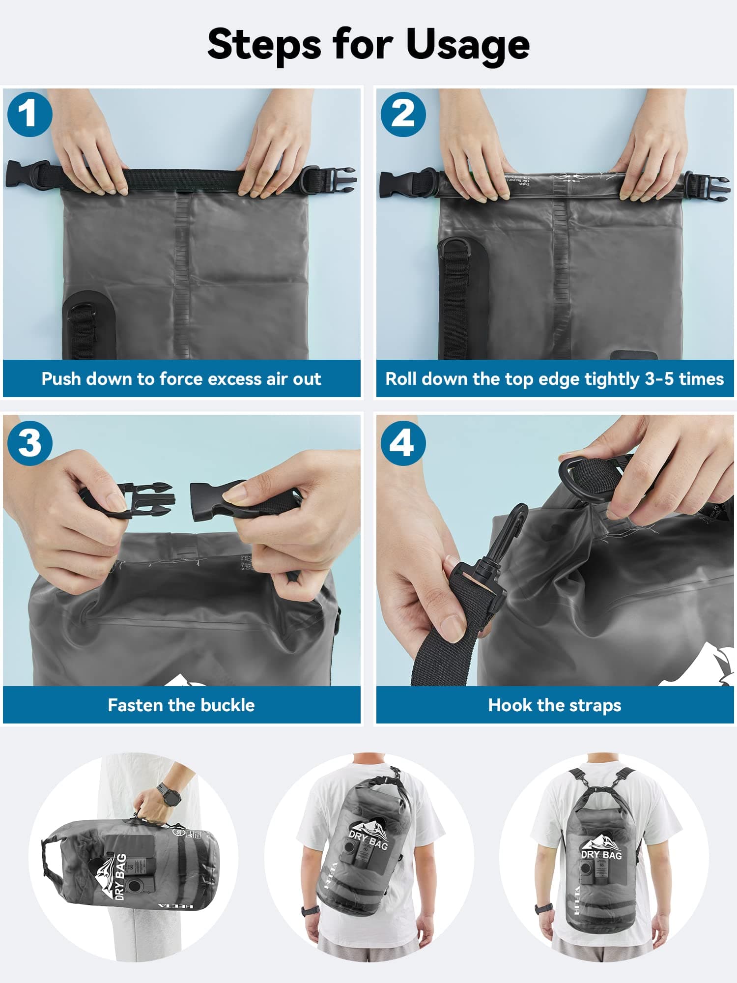 HEETA Dry Bag Waterproof for Women Men, Roll Top Lightweight Dry Storage Bag Backpack with Phone Case for Travel Swimming Boating Kayaking Paddle Board Camping Beach Accessories (Black, 30L)