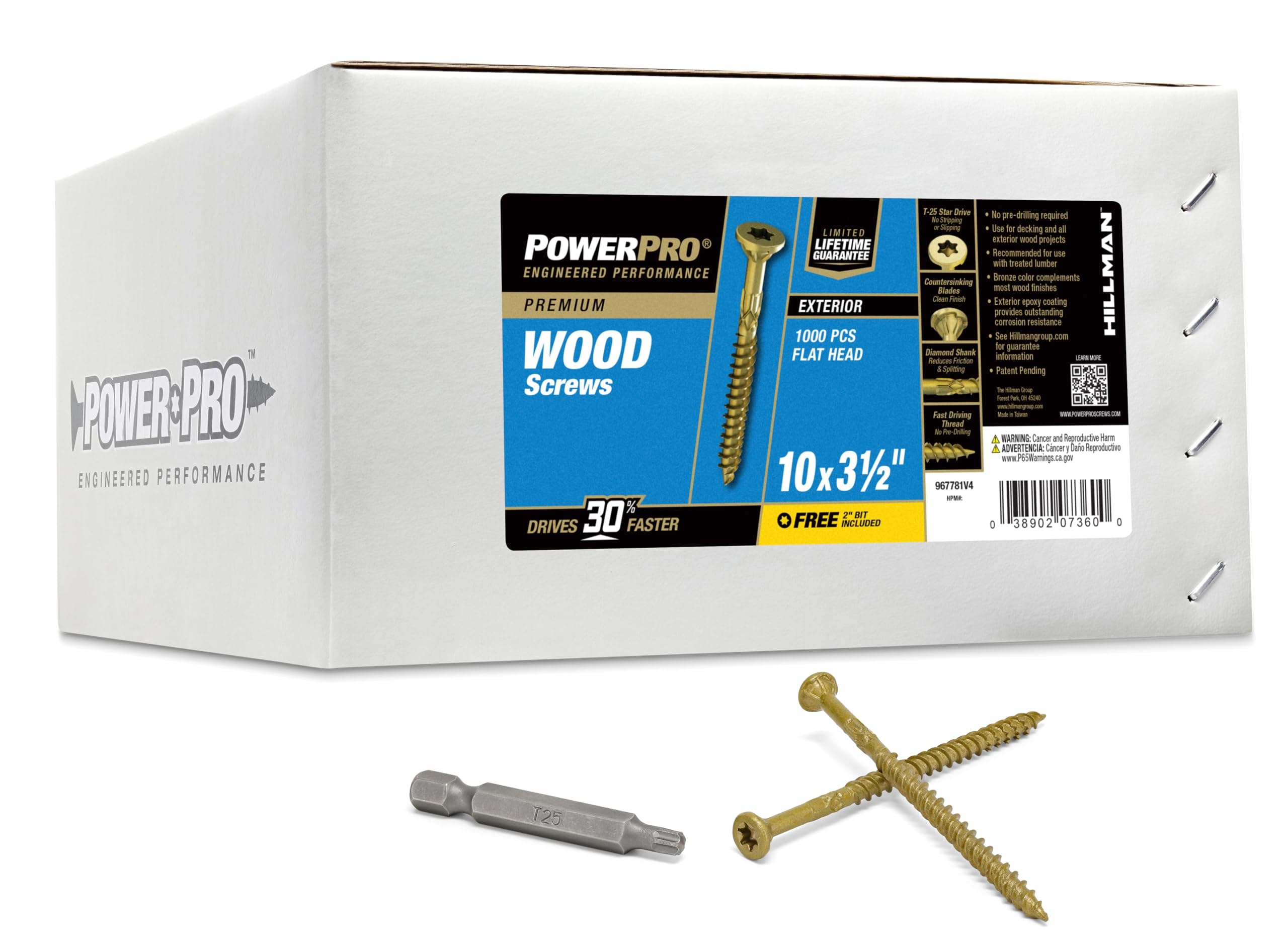 Power Pro Premium Exterior Wood Screws, #10 x 3-1/2" Inch All-Purpose Deck Screws for Outdoor Projects, T-25 Star Bit Included, Bronze, 1000 Pieces | 967781V4