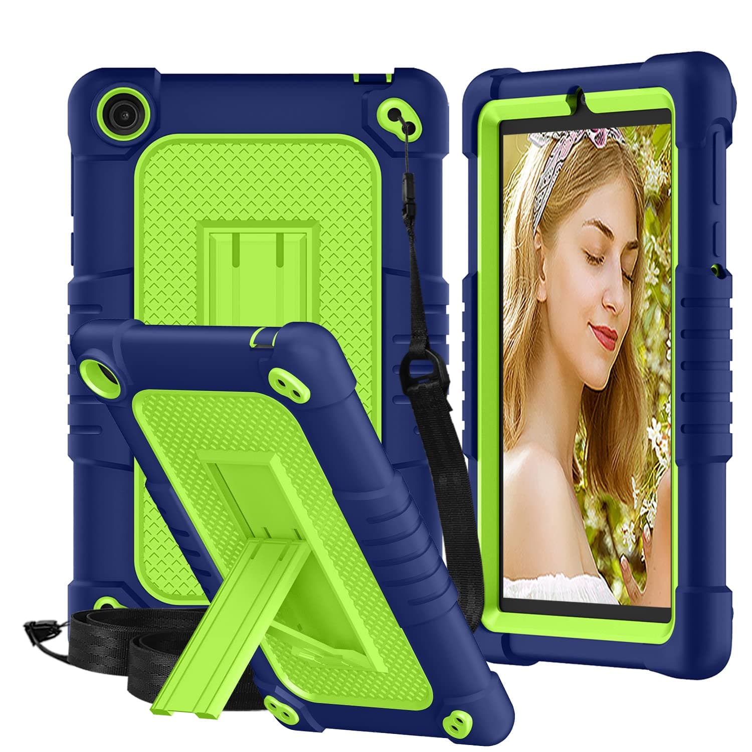 Kebiory for Walmart Onn 7 2022 Model Gen 3 7 inch/for Walmart Onn 7 3rd Gen 100071481 Case,Shockproof Kids Friendly Shoulder Strap Stand Shell,for Walmart Onn 7 Inch 3nd Gen Tablet (Navy/Green)