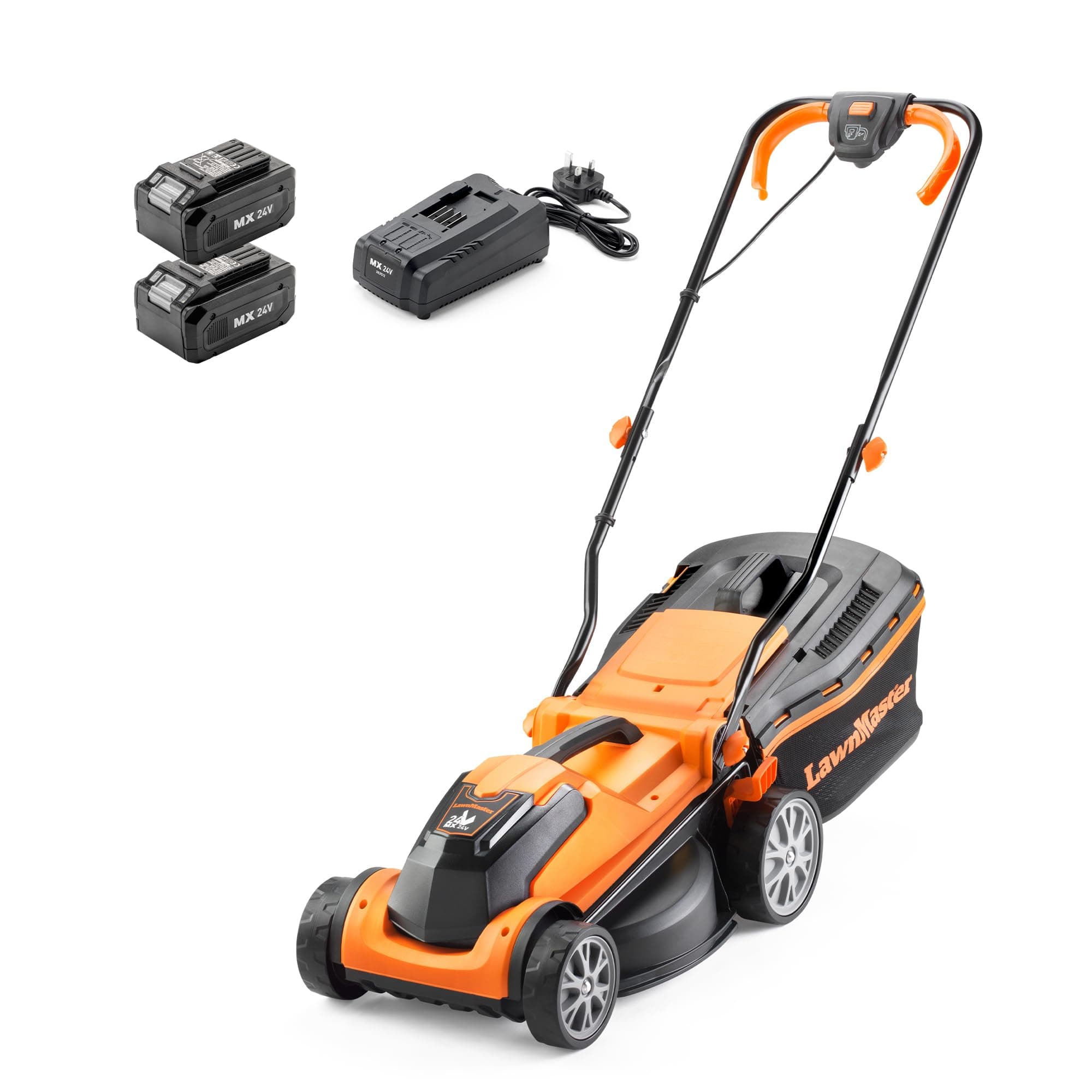 MX 24V 34cm Cordless Lawnmower Plus Spare Battery, MX 24V 4.0Ah Lithium Ion Battery and Fast Charger - With Rear Roller (34cm Mower)