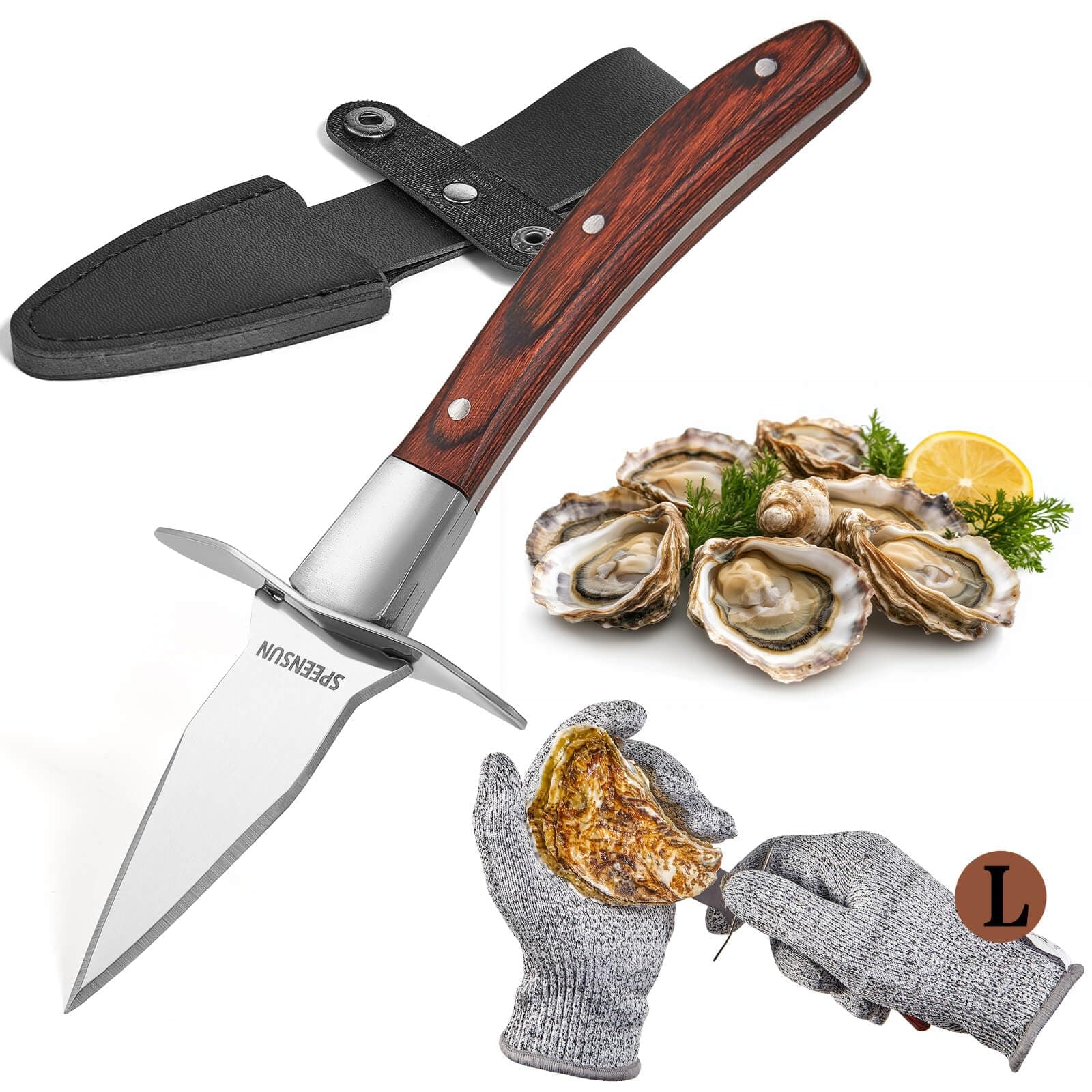 SPEENSUN Oyster Knife set,oyster shucking knife,Sturdy Sharpness Oyster Shucker Kit With Comfort Wood-handle,Oyster Knife And Glove Set With 5-leve Protection Food Grade Cut-resistant Glove