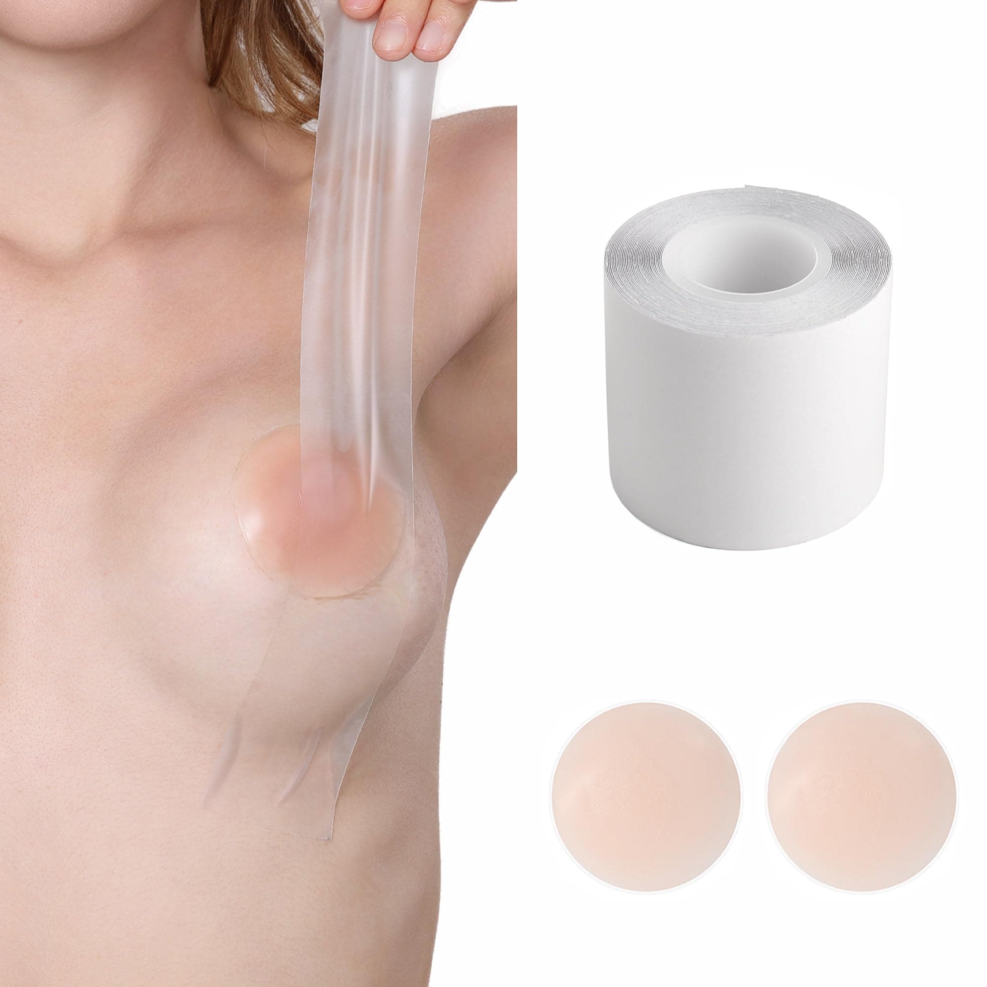 Clear Boob Tape,Self-Adhesive Bra Tape for Breast Lift with 2 Pair Reusable Silicone Nipple Covers,Suitable for A-G,Replace Your Bra-Instant Bob Tape,Boobytape for Breast Push Up&Strapless Dress