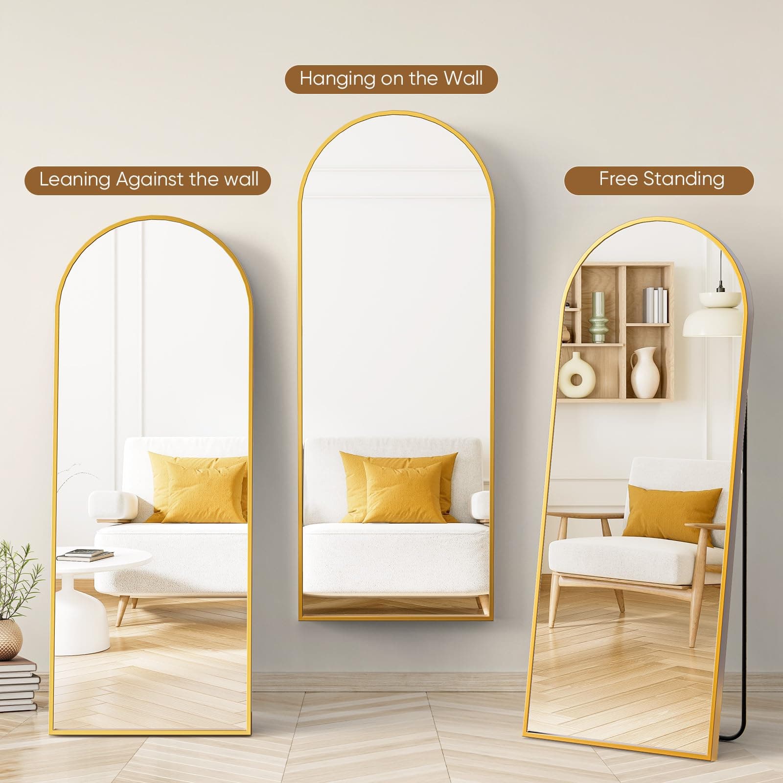 DUMOS Arched Full Length Mirror with Stand 71"x26" Floor Standing Aluminum Frame for Bedroom Body Hanging Leaning Modern Simple Home Decor Shatter-proorf Nano Glass Wall Living Room Cloakroom Gold